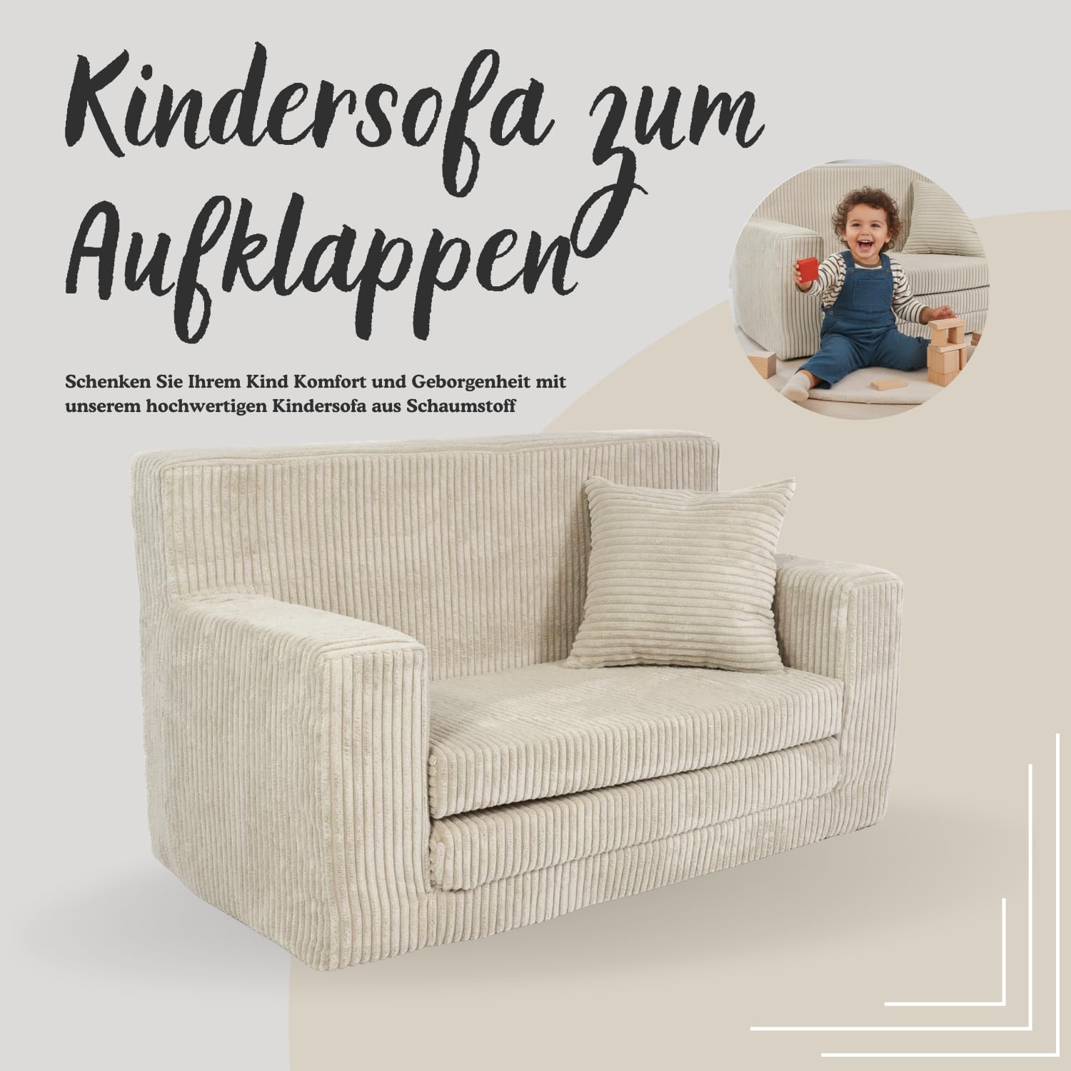FORTISLINE Kindersofa ausklappbar aus Cord 83x47x43 cm - Kindercouch mit Liegefläche 112 cm, Kinderzimmer Sofa mit Kissen, Abnehmbarer waschbarer Bezug, Oeko-TEX Standard 100