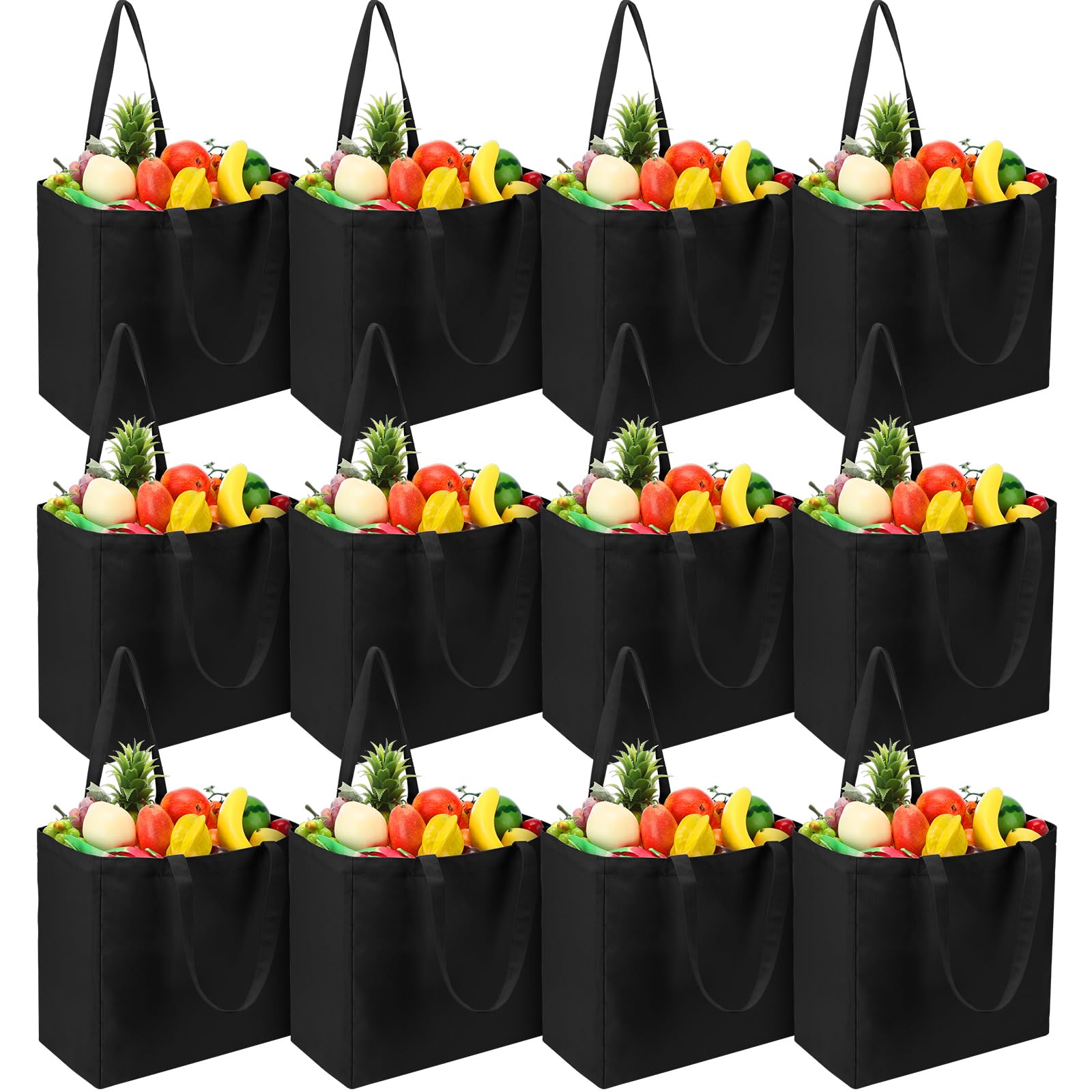 Reginary 12 Pack Canvas Grocery Bag Large Blank Shopping Tote Bags Reusable Pouches Bulk with Handle, 14 x 14 x 7.9''(Black)
