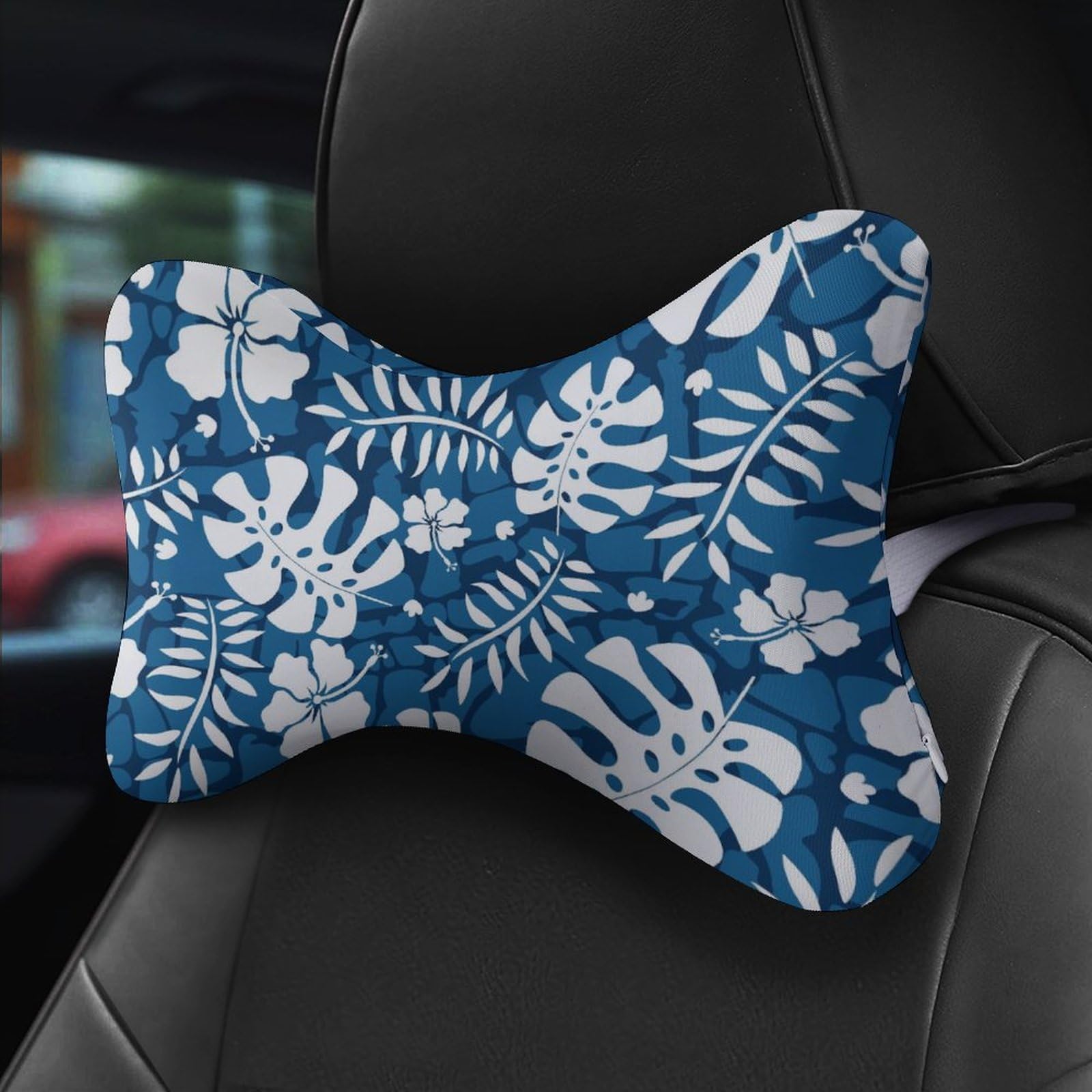 Hawaiian Hibiscus Flowers Monstera Leaves Car Neck Pillow Set of 2 Car Seat Head Support Cushion Bone Pillows with Elastic Strap