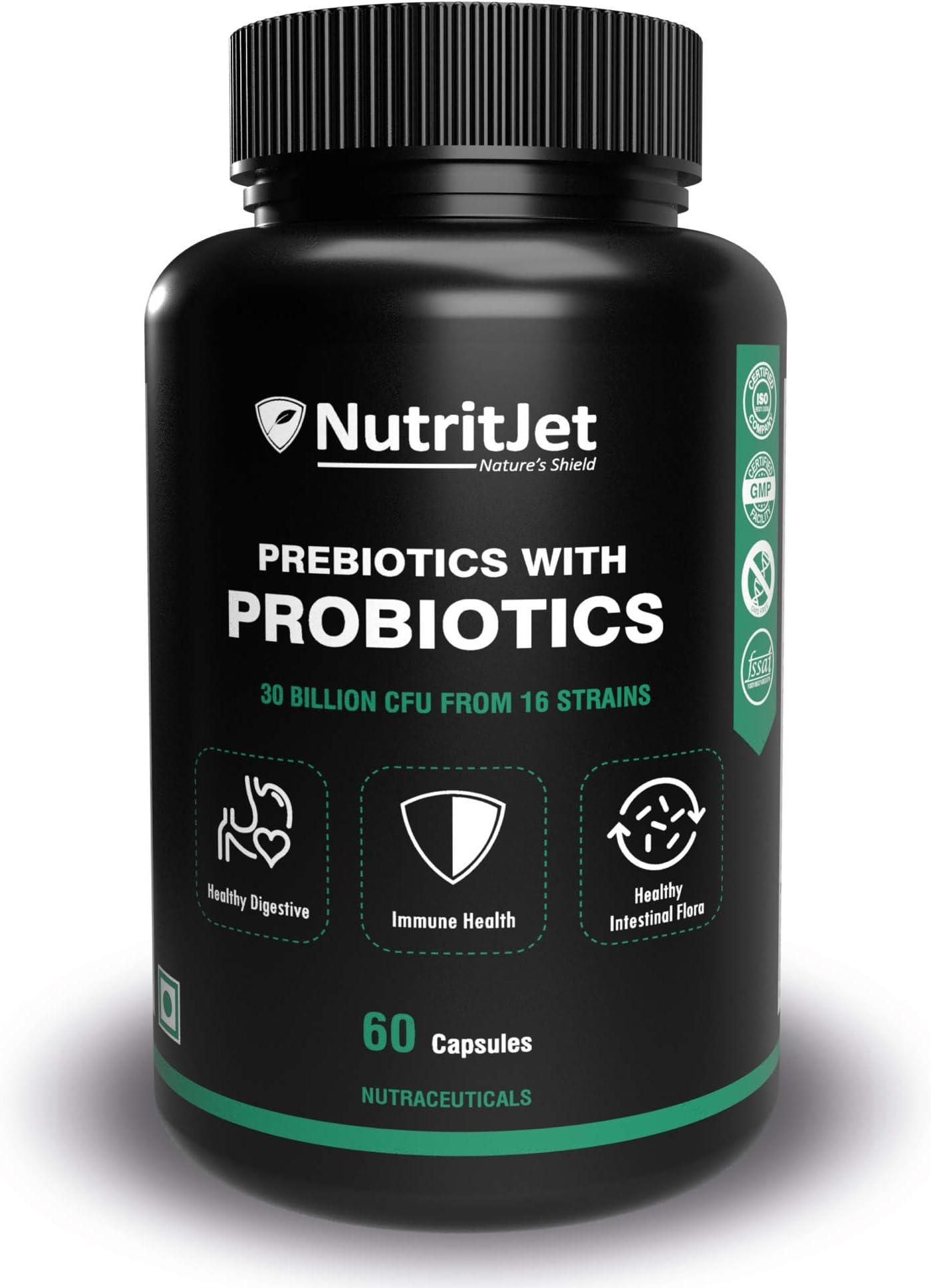 NutritJet Probiotics Supplement 30 billion CFU with Prebiotics for Improves Digestion, Gut Health & Immunity - 60 Veg Capsules