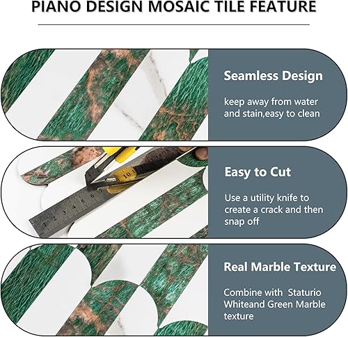 Miniatura 4 de Vamos Tile Azulejo verde sin costuras, 10 hojas para salpicaduras para cocina y baño, aspecto de mármol blanco y verde, azulejos de mosaico