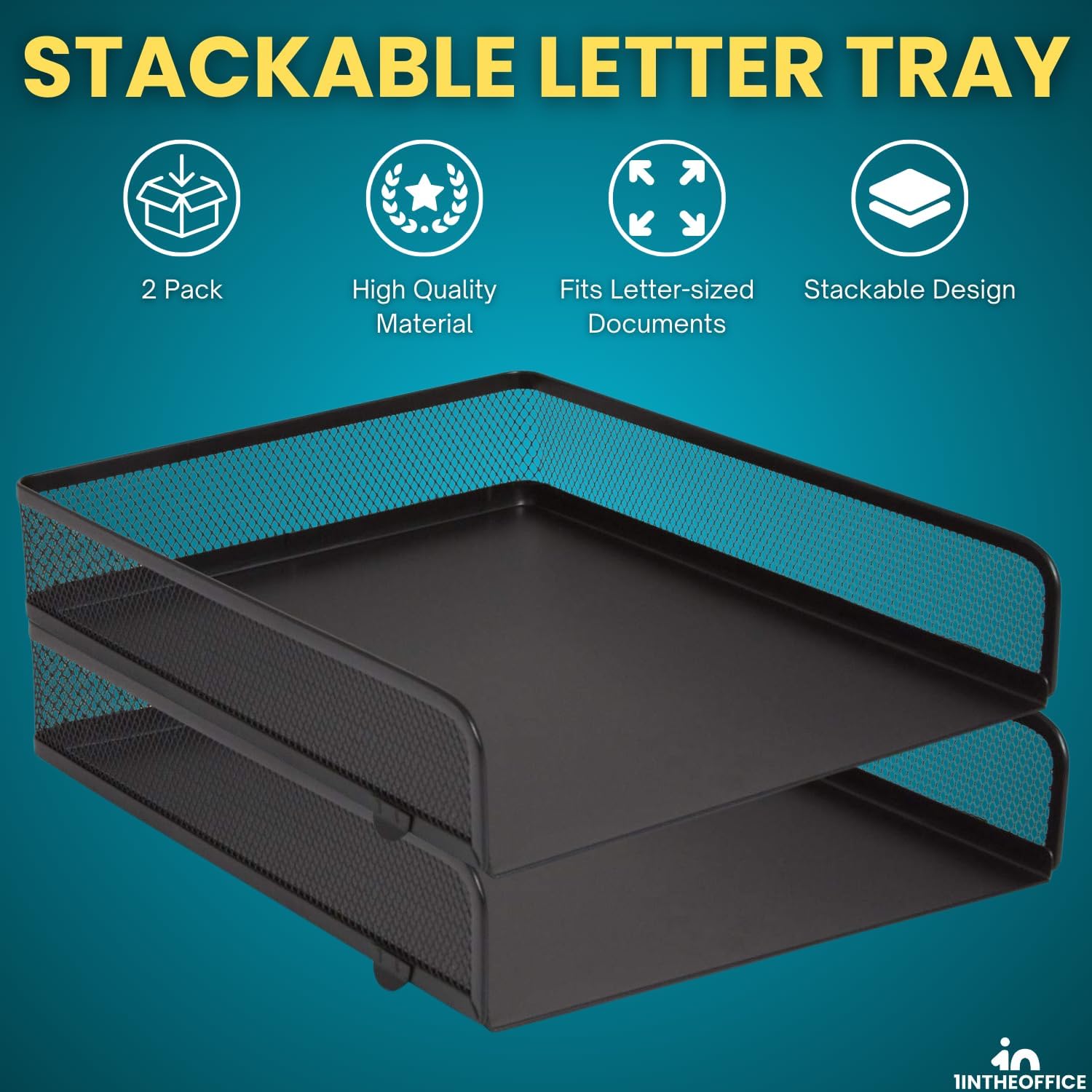 1InTheOffice Desk Trays Stackable Letter Tray, Matte Black Wire Mesh Front-Load Paper Tray Organizer, (2 Pack)