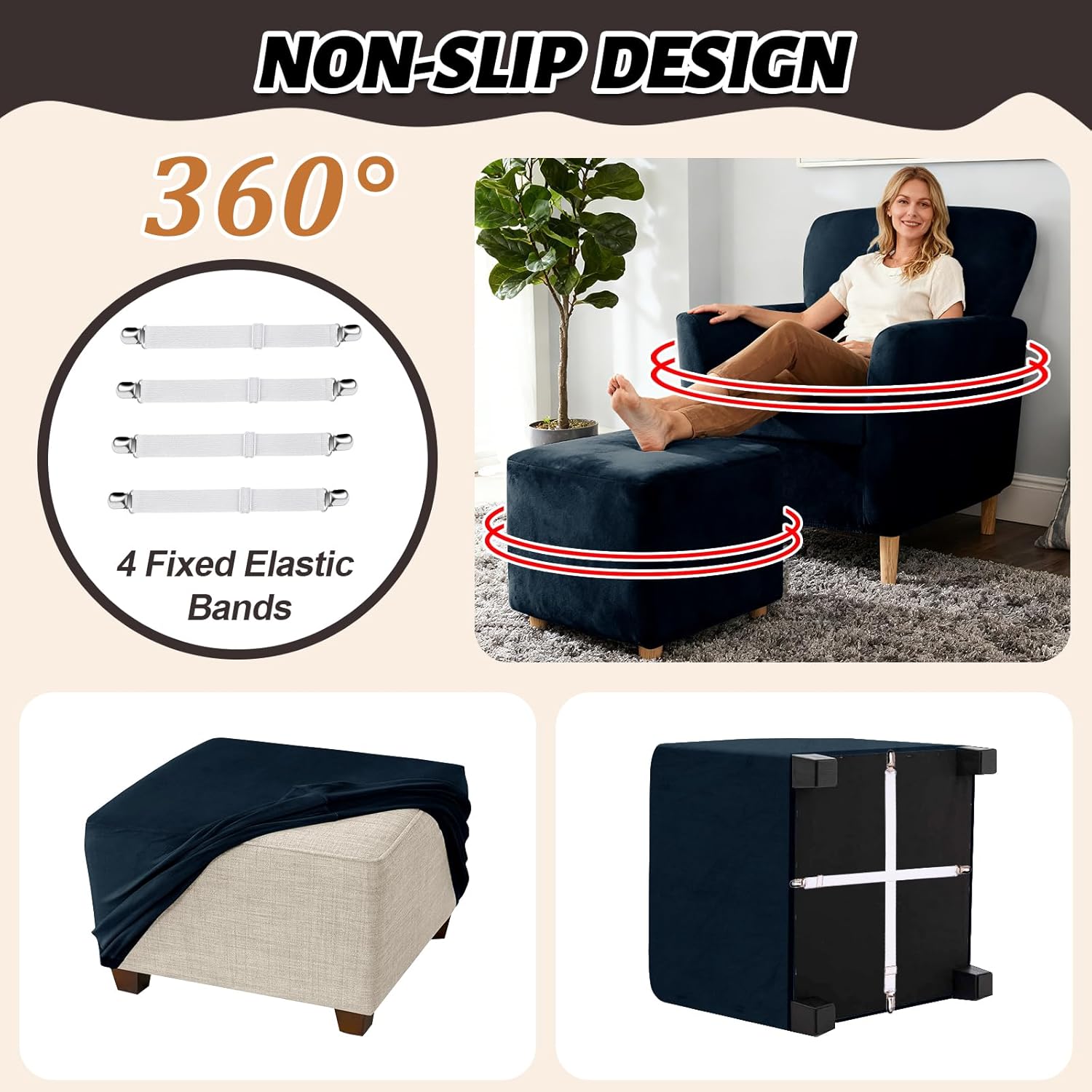 Stretch Banquet Armchair Slipcover, Velvet Soft Chair Cover with Anti-Slip Straps, Chair/Seat/Ottoman Covers for Living Room (Navy Blue,Chair+Seat)