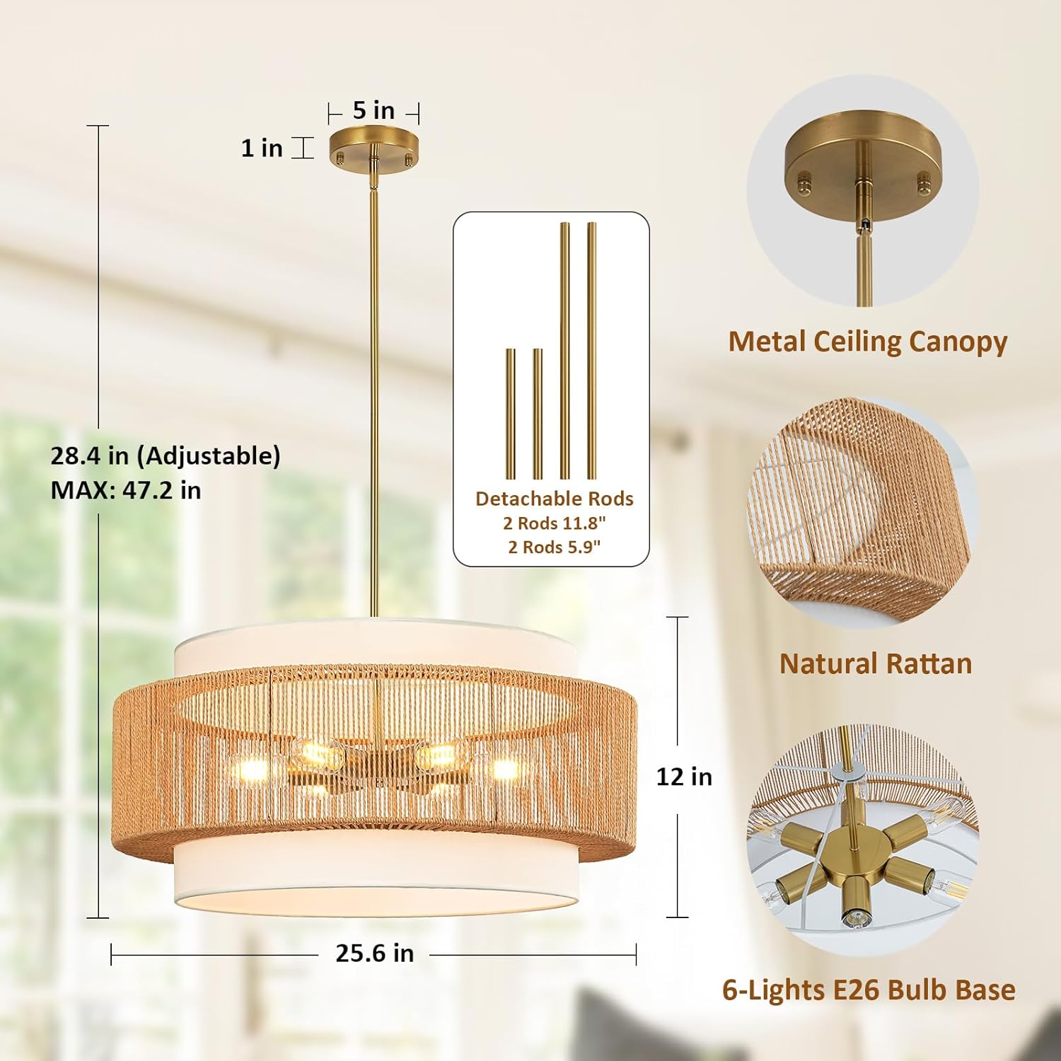 25.6" Rattan Chandelier, 6-Light Large Rattan Pendant Light with Fabric Lampshade, Farmhouse Boho Light Fixture Ceiling Hanging for Dining Room, Living Room, Bedroom, Kitchen Island, Hallway, Foyer