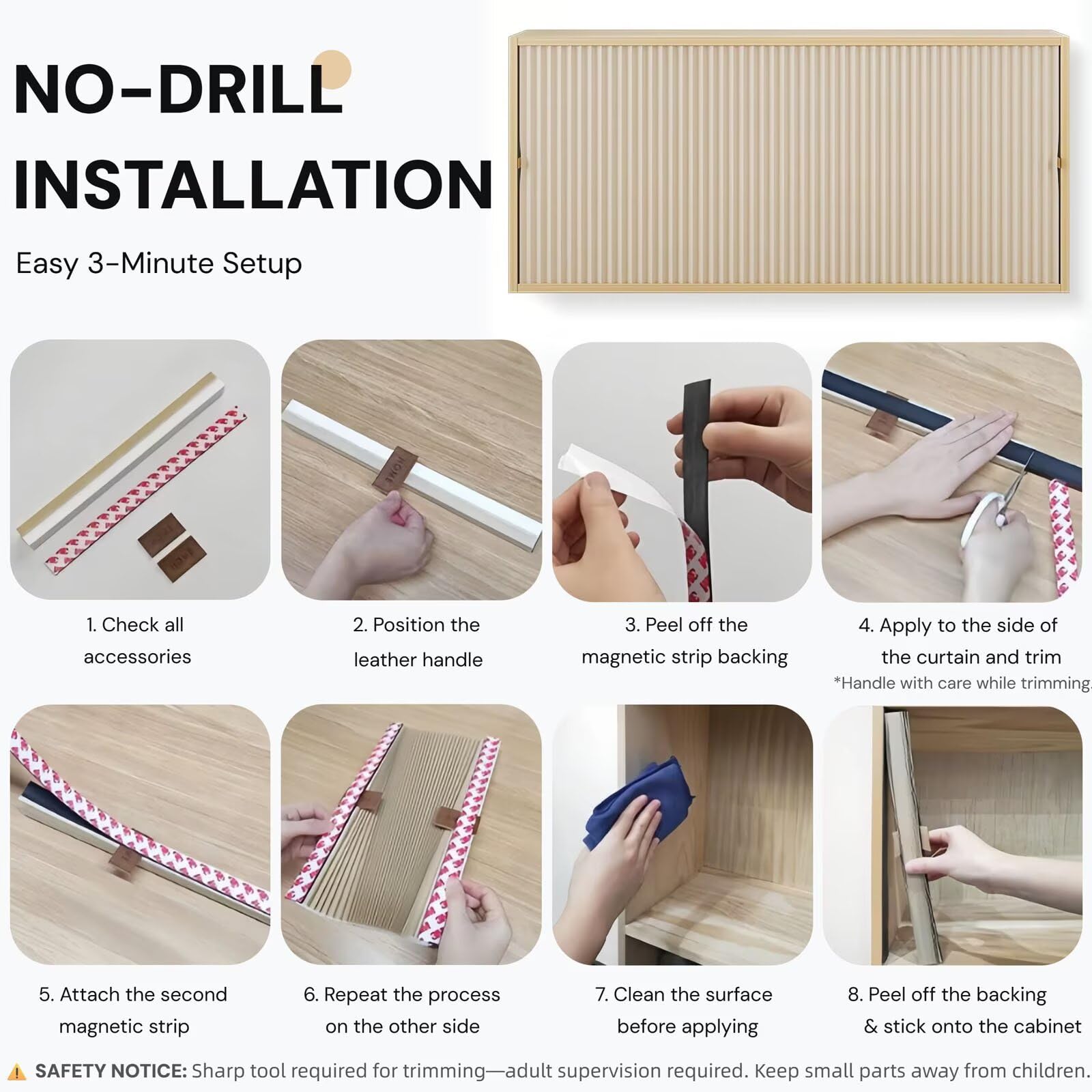 Tenda Plissettata Orizzontale per Armadi a Muro, Sistema Magnetico Adesivo in Tessuto Compatto, Beige, 100x35 cm