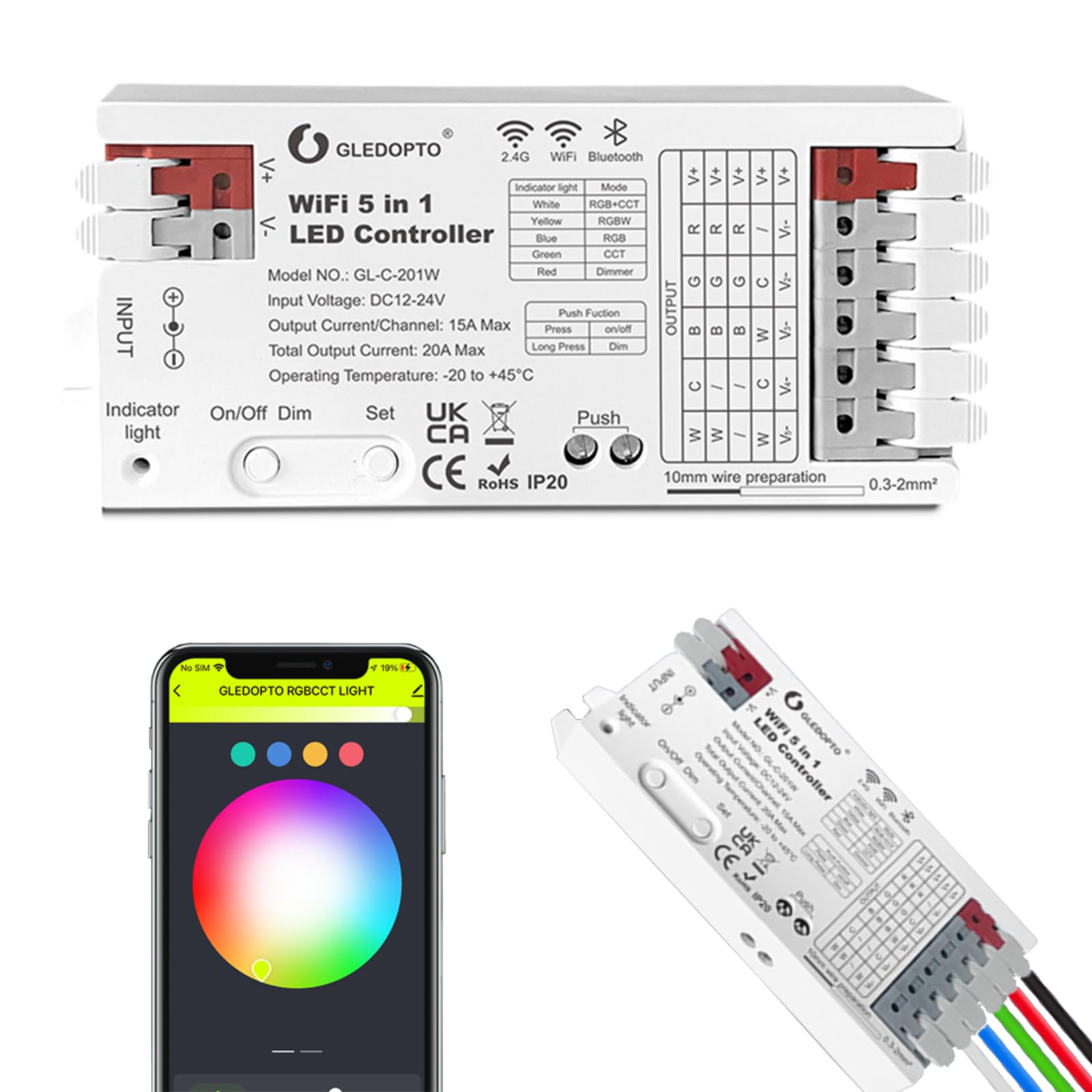 GLEDOPTO GLEDOPTO WiFi Bluetooth 5 in 1 LED Controller RGBCCT RGBW RGB LED Strip Work with Tuya Smart Life Alexa Smart App Control for Dimming