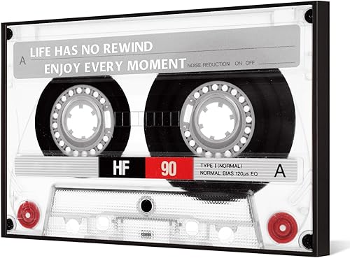 Muzenso Vintage Cassette Tape Wall Art Canvas Prints 16x24 Inch with Black Floater Frame Life Has No Rewind Inspirational Quote for Living Room