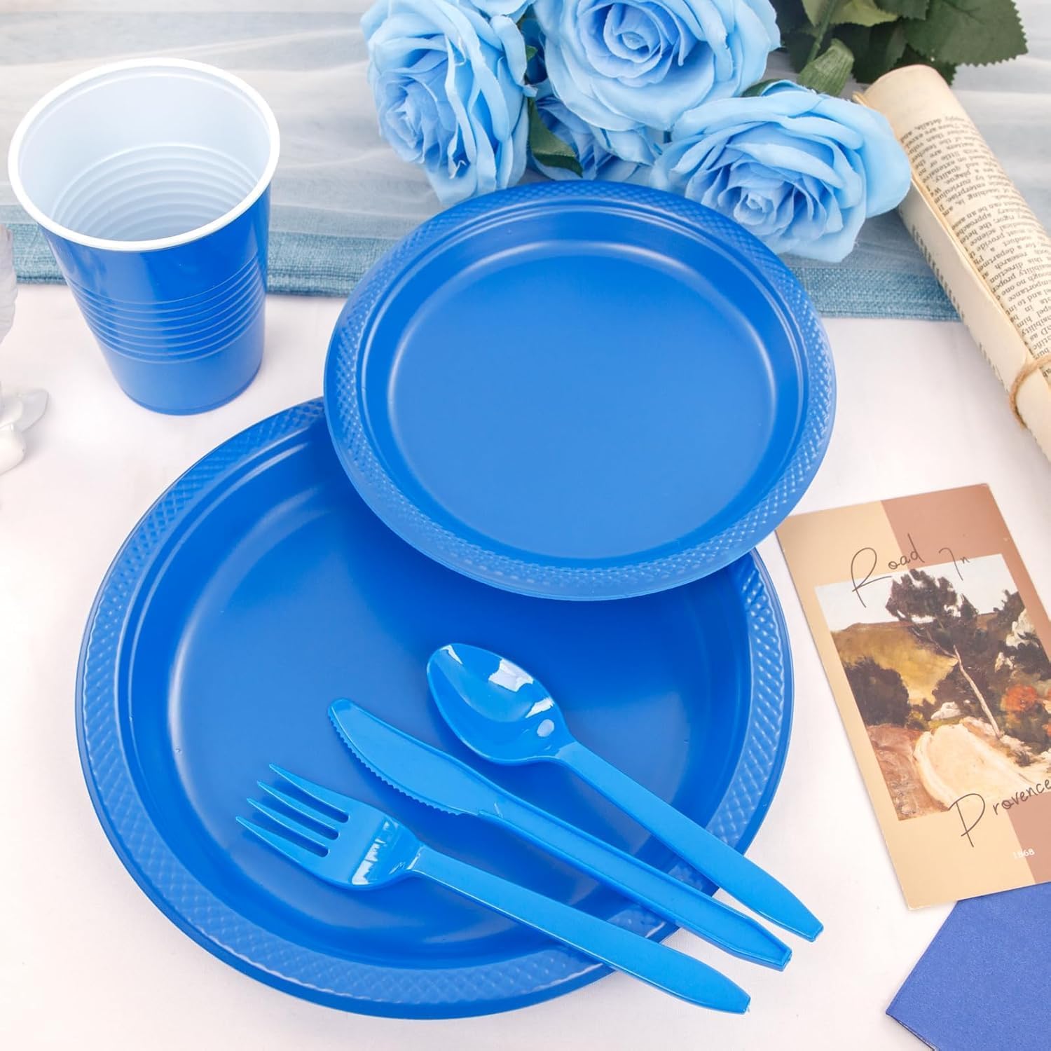 WELLIFE 210Pcs Blue Plastic Plates,Party Plates and Cups and Napkins Sets image 2