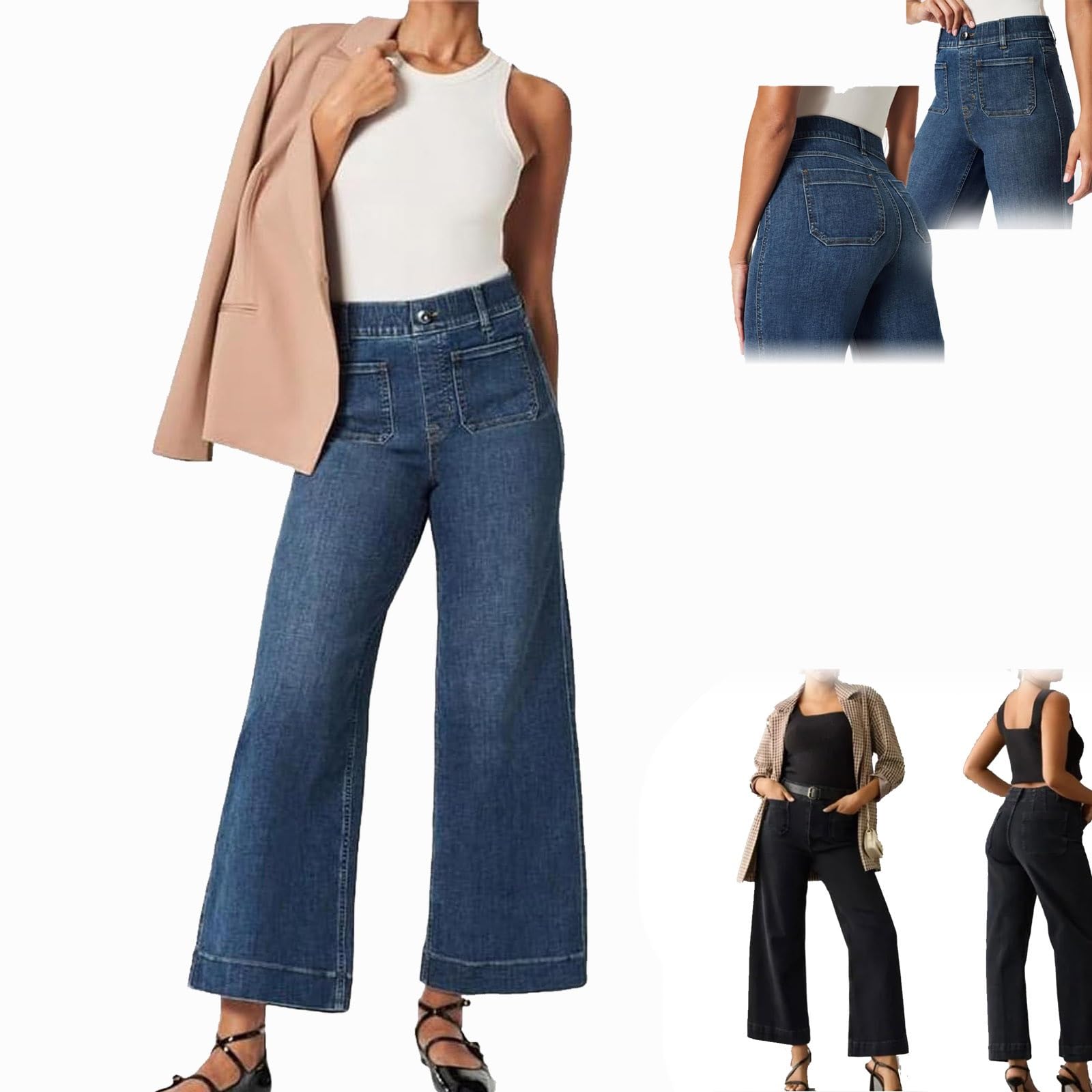 Zelobia Pants, Lovinpro Wide Leg Jeans, Cropped Wide-Leg Patch Pocket Jeans