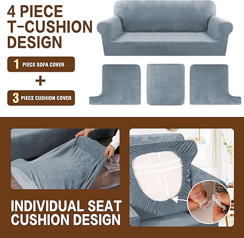 Miniatura 5 de Juego de 4 fundas de terciopelo para sofá con cojín en forma de T, funda elástica para sofás de 3 plazas, incluye 3 fundas de cojín en T, protector