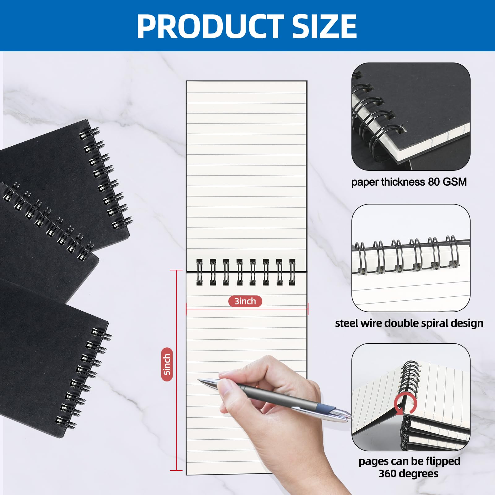 wavamawa Paquete de 12 cuadernos de bolsillo, blocs de notas pequeños de 3 x 5 pulgadas, mini cuaderno en espiral, tamaño de bolsillo pequeño, papel rayado universitario rayado, bloc de notas para el
