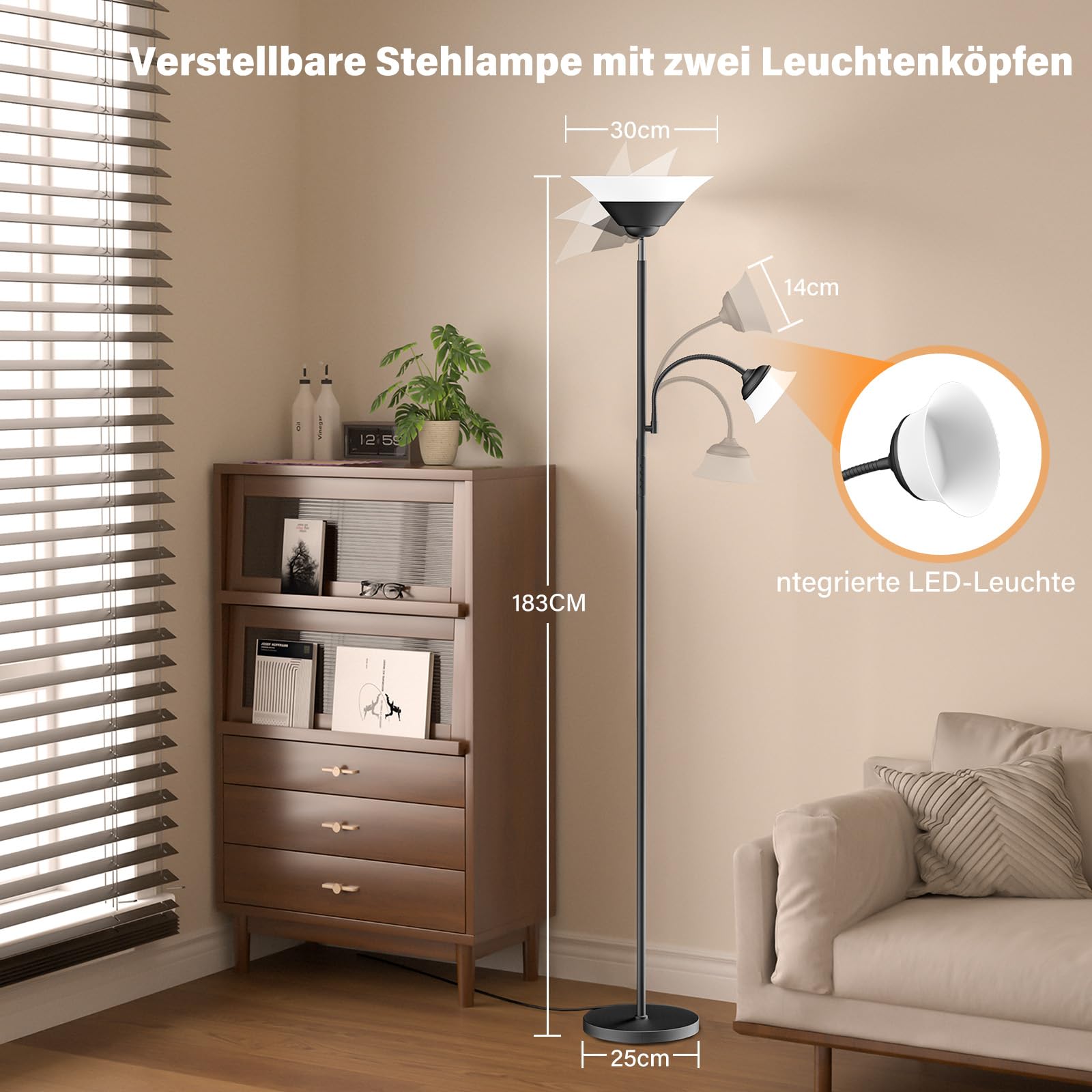 SIBRILLE Lámpara de pie para salón, 34 W, 2100 lm, regulable, mando a distancia y control táctil, 3000 K-6500 K, lámpara de pie, moderna lámpara de techo LED regulable con lámpara de lectura para