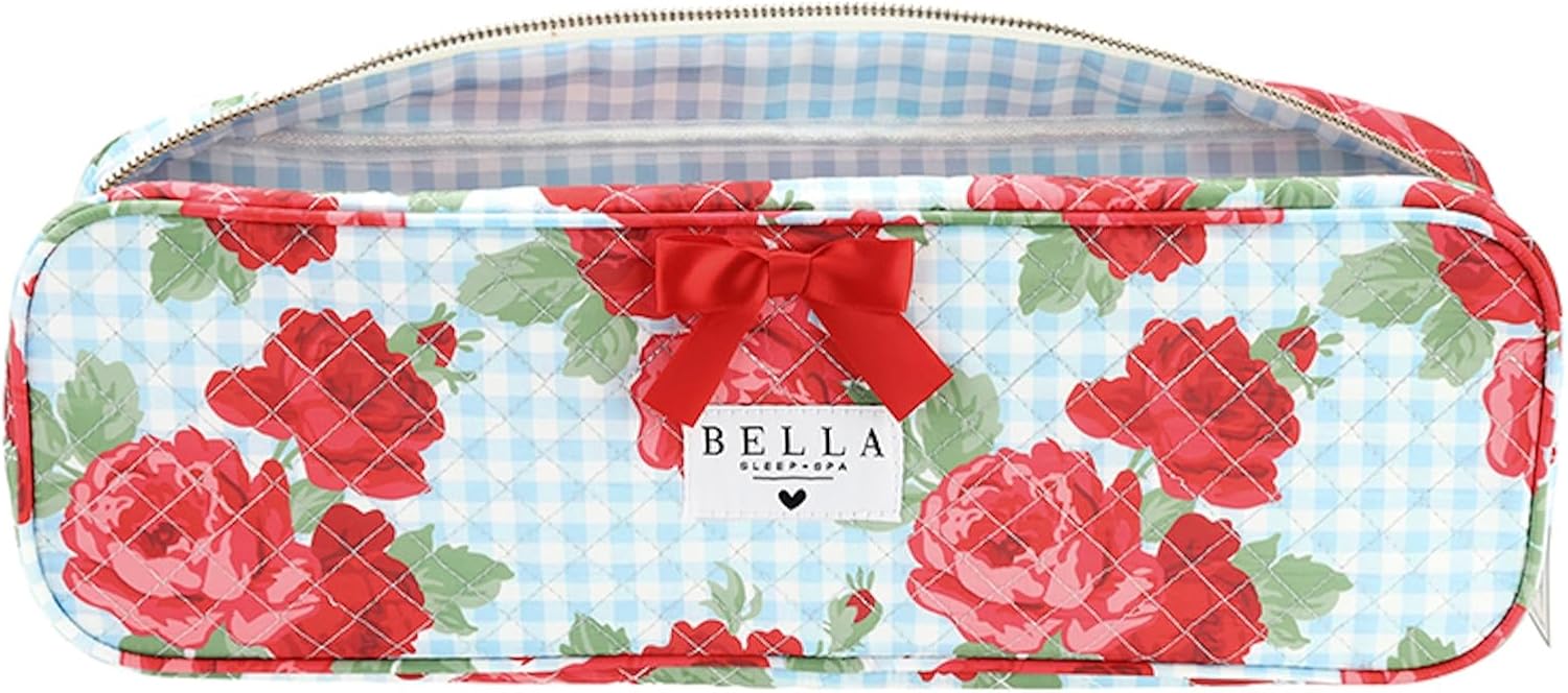Bella Sleep + Spa Quilted Hair Tool Travel Bag, Heat Resistant Hair Styling Accessories Storage Case, Padded Straightener & Curling Iron Carrier, 15.5"x 5"x 3", Blue Gingham + Red Roses