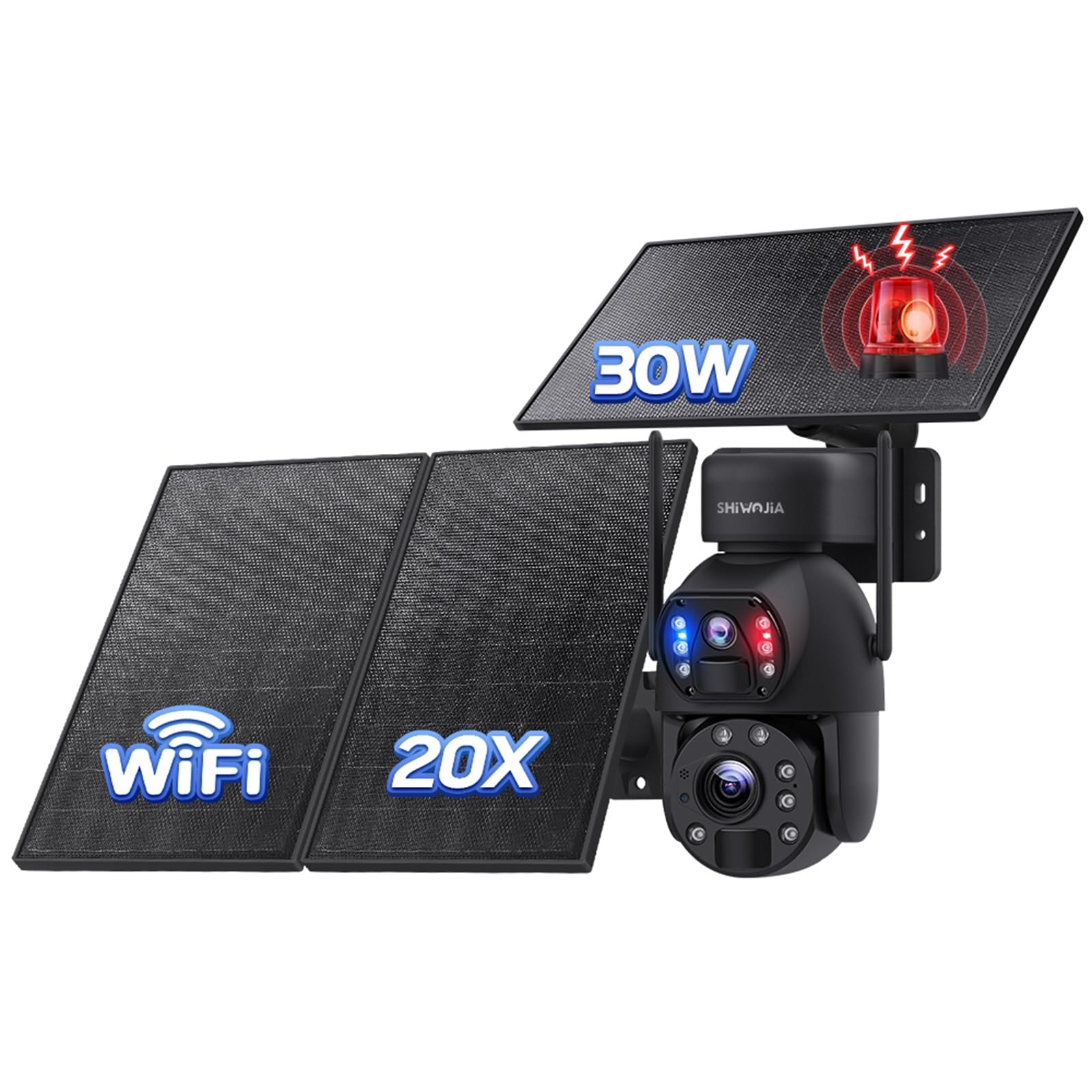 SHIWOJIA Telecamera di sorveglianza WiFi esterna senza fili con 30 W pannello solare 20,000 mAh batteria 6 MP fotocamera esterna senza fili [registrazione 24/7], doppia lente doppia PIR, IP66