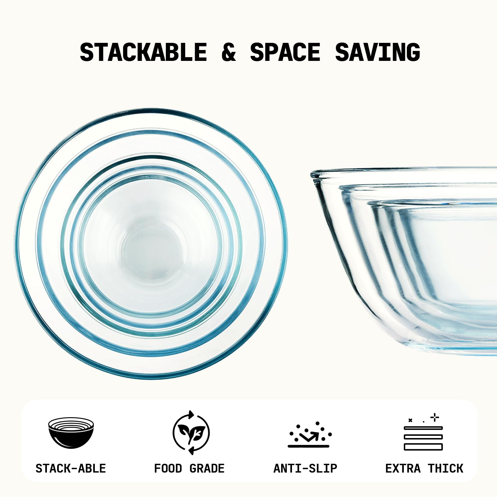 Glas-Rührschüssel-Sets, 5 Packungen Glas-Schüsseln, große Salatschüssel-Sets für Mahlzeiten, Backen, Lebensmittelaufbewahrung, dicke Kochschüssel für Spülmaschine, Mikrowelle, Gefrierschrank, 4,65