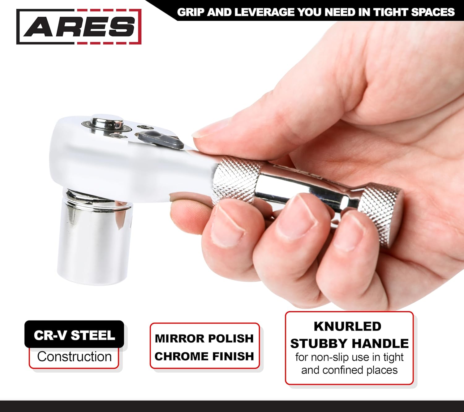 ARES 42037-2-Piece 72-Tooth Stubby Ratchet Set - 1/4-Inch & 3/8-Inch Drive - Premium Chrome Vanadium Steel Construction & Mirror Polish Finish - Quick Release Reversible Head Design