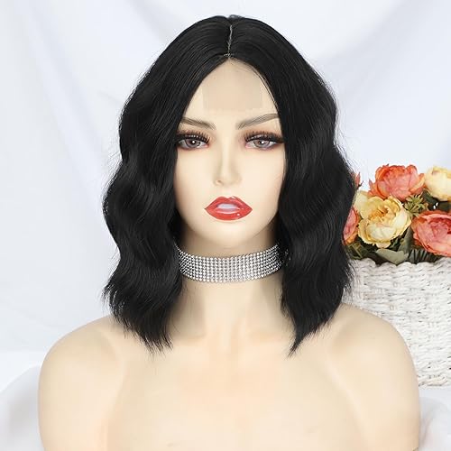 Oftsod Short Black Curly Wavy Bob Wigs for Women 12 Inch Middle Part Shoulder Length Bob Synthetic Heat Resistant Fiber Wigs for Daily Party Cosplay Use(12 Inch, Black)