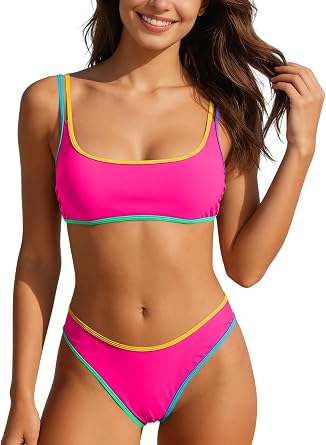 Aidonger Womens High Waisted Bikini Sets Sporty Color Block Two Piece Swimsuits Cheeky High Cut Tie Back Bathing Suits