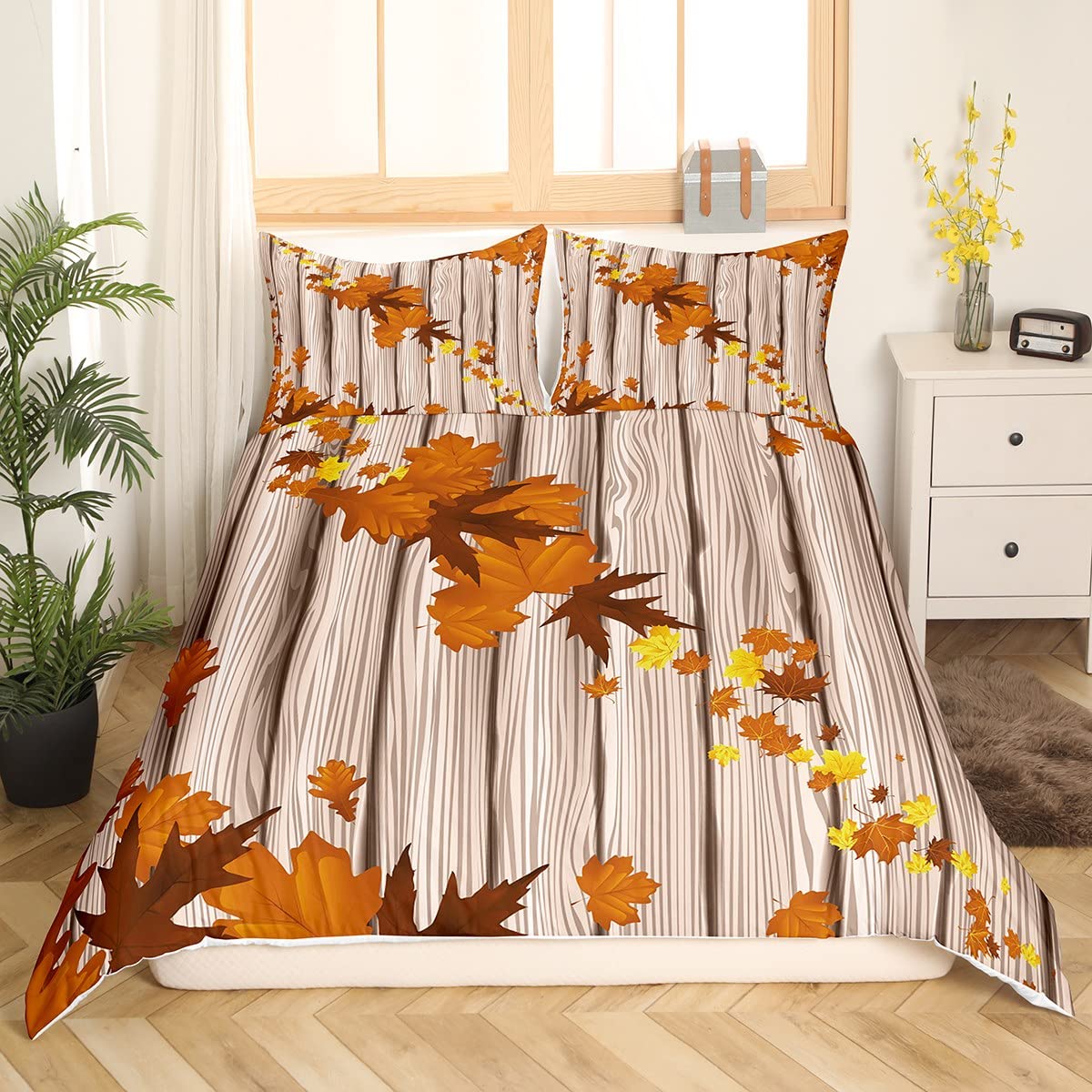 Set di biancheria da letto autunnale con foglie d'acero, motivo felice, per bambini, ragazzi, ragazze, ragazzi, rustico, in legno, traspirante, arancione bruciato, con foglie diagonali