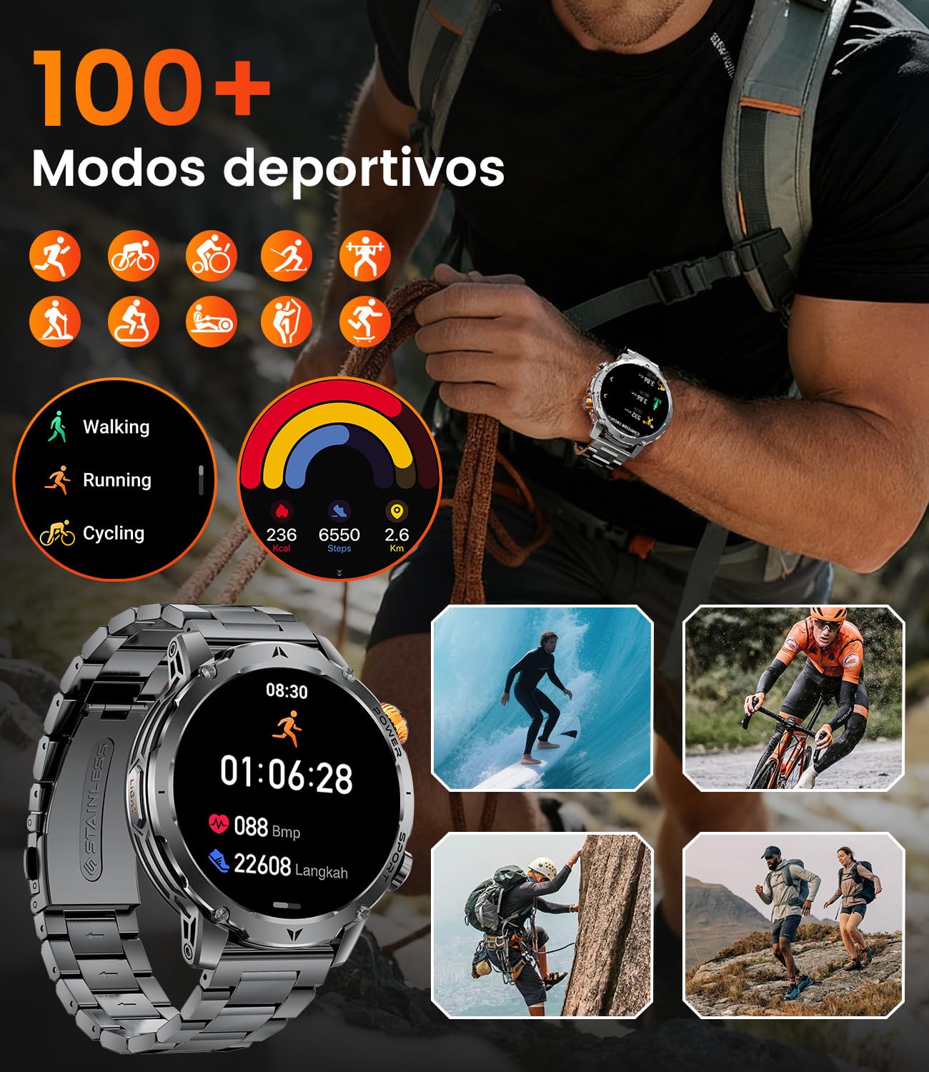 Reloj Inteligente Hombre con 1000 mAh/Linterna/Llamada Bluetooth, 1,7'' Smartwatch Militar con 110+ Modos Deportivos, IP68 Impermeable, Frecuencia Cardíaca, Android iOS, 3 Pulseras+2 Cargadores,EF24-F