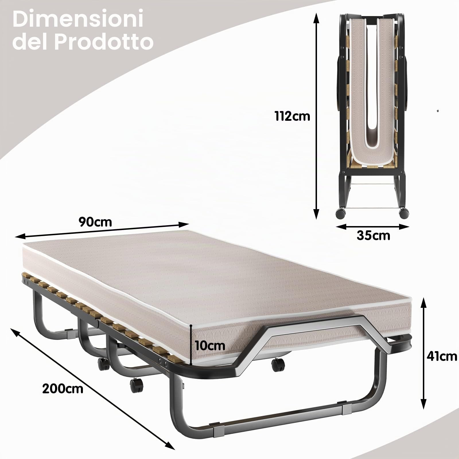 GIANTEX Letto Singolo Pieghevole, Portata di 120 kg, con 4 Ruote, 4 Gambe in Mettallo, Fibbia Fissata, 90 x 200 cm, Materasso di 10 cm, Ideale per Viaggio e di Riserva