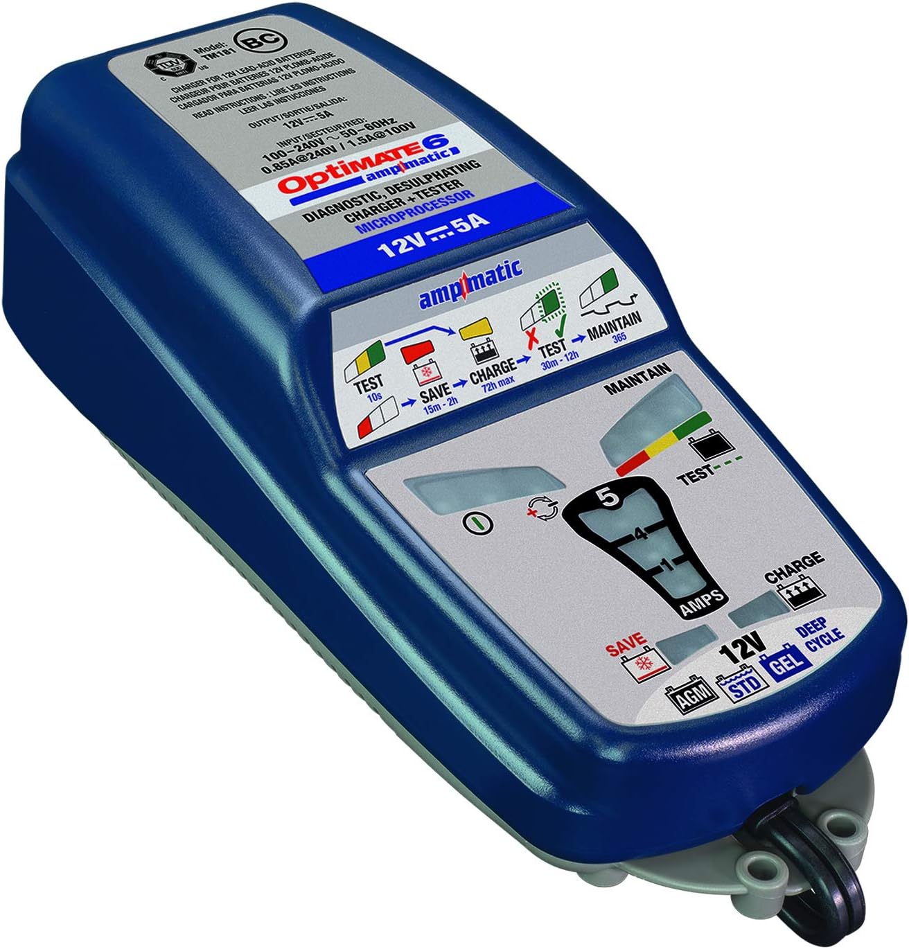 Close-up view of the OptiMATE 6 Ampmatic charger's control panel with LED indicators.