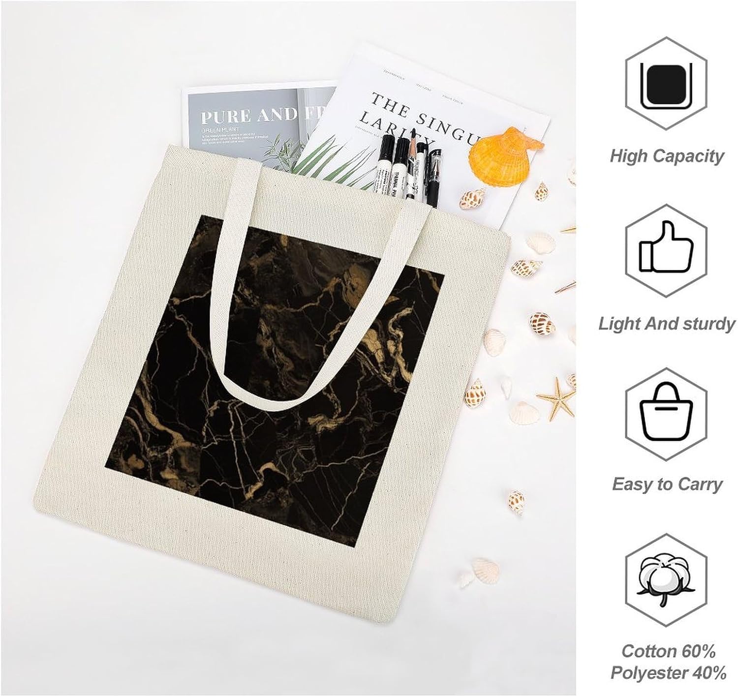 Gold Black Marble Cotton Polyester Blend Canvas Carryall Bag | Gold Black Marble Reusable Fabric Handbag for Grocery Travel Daily Errands Multipurpose Storage Carry Tote