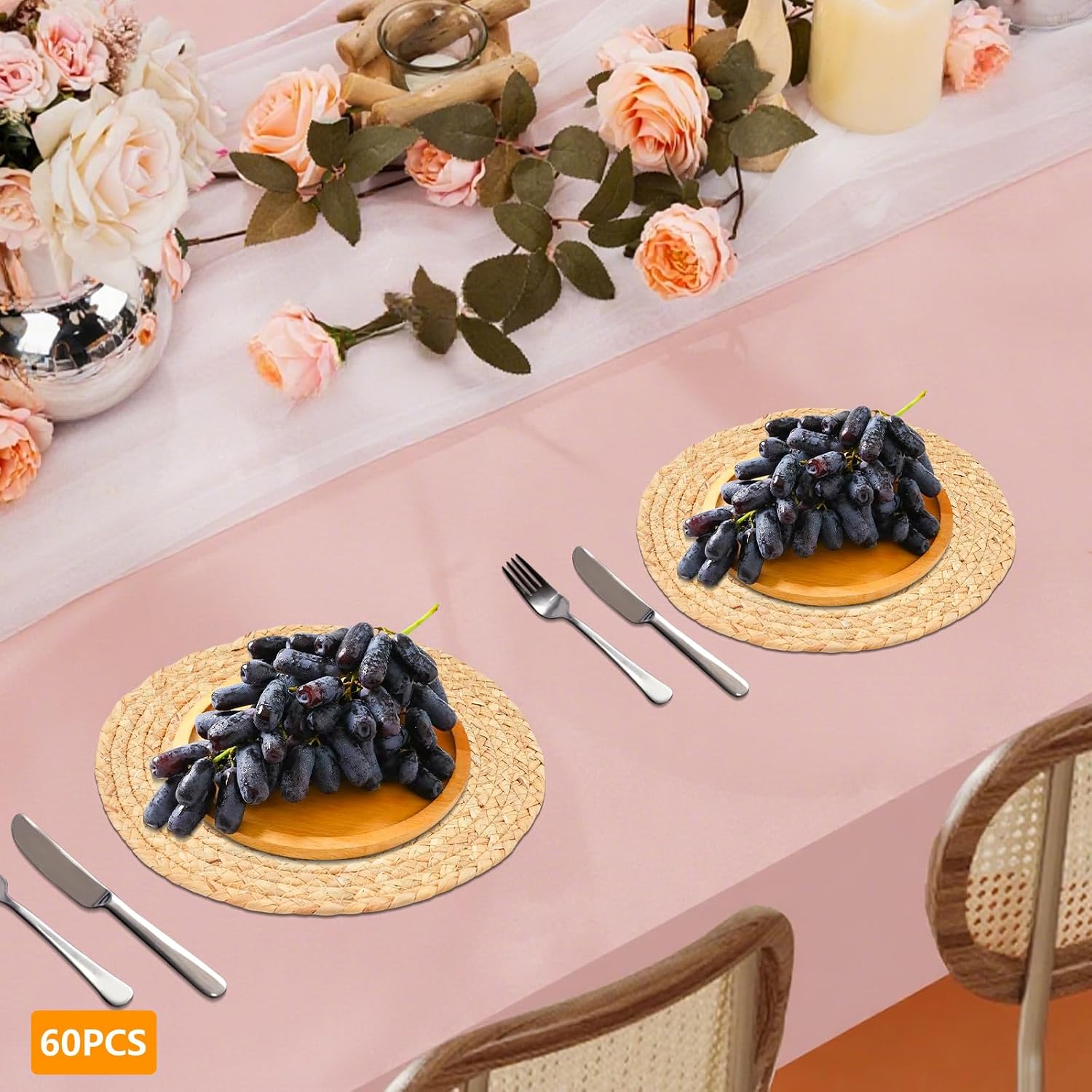 60 Pcs Woven Placemats Bulk Set, 11.8 Inch Natural Water Hyacinth Place Mats, Round Braided Rattan Tablemats, Rattan Wicker Table Mats, Wicker Chargers for Dinner Plates (60)