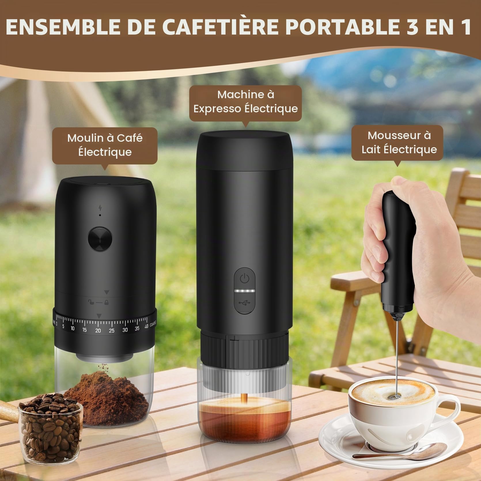 LAMA Machine à café Moulin à café Mousseur à lait, Machine à espresso électrique pour café moulu & petites capsules, moulin à café sans fil mousseur à lait pour les voyages, le camping, le bureau