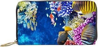 Carteiras femininas de couro legítimo Underwater World Corals Tropical Porta-cartão de crédito com zíper Organizador de embreagem de couro feminino bolsa longa de viagem, Corais do Mundo Subaquático Tropical, 7x4.3x0.8 Inches