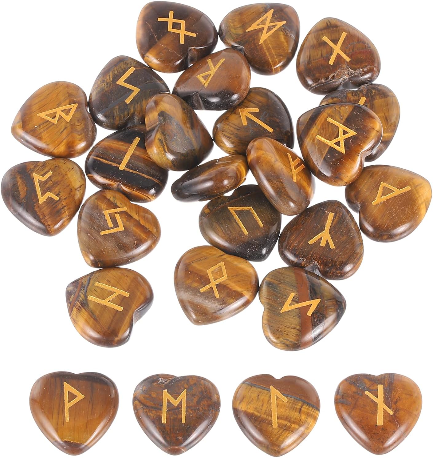 MECCANIXITY 25Pcs Rune Stones Set with Engraved Elder Futhark Alphabet, Yellow Tigers Eye Crystals Heart Stones Love Balancing Meditation Massage Gift Palm Worry Stones for Anxiety Relief