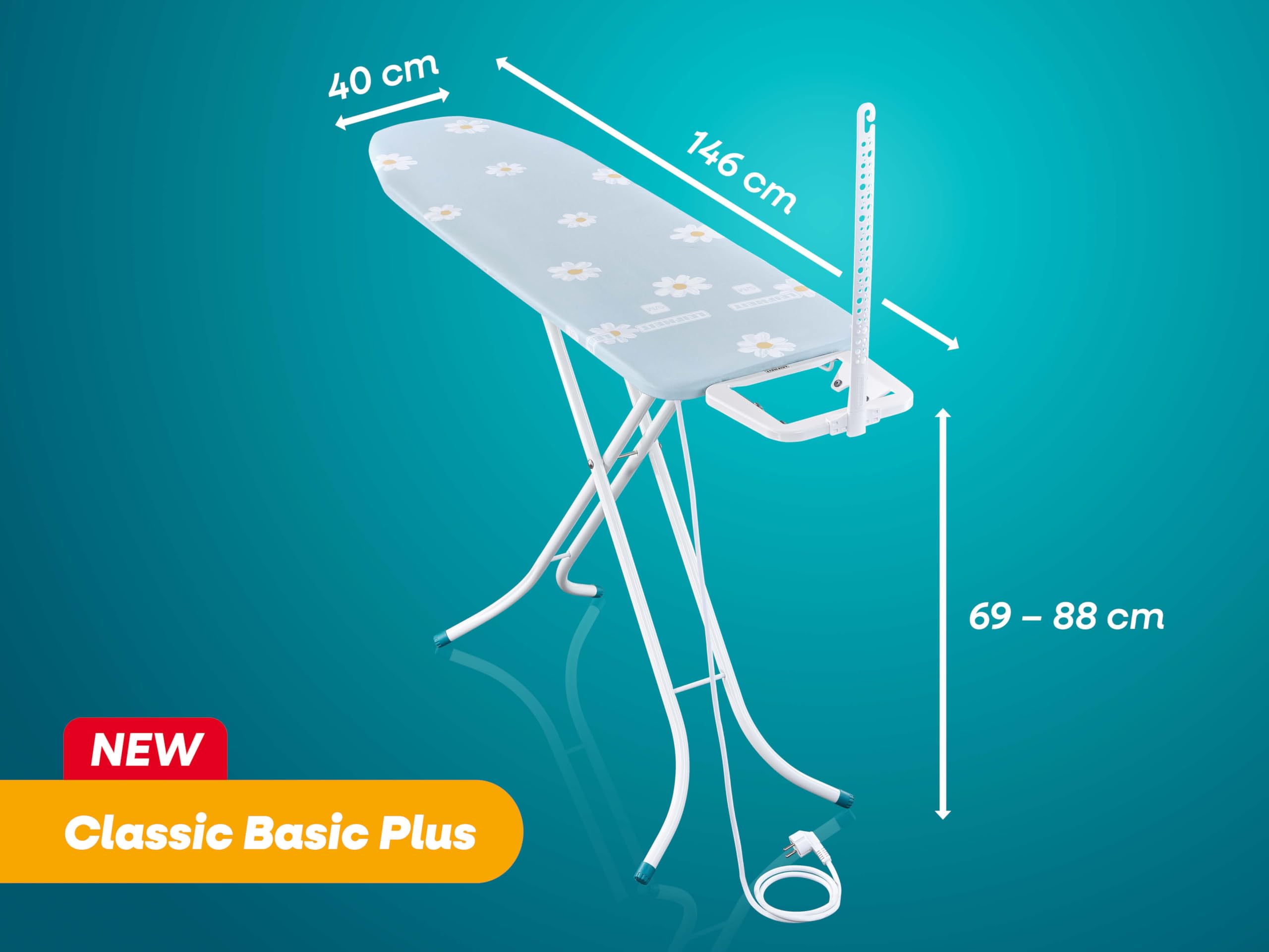 Leifheit Bügelbrett Classic M Basic Plus, Bügeltisch Fläche bis 120 x 38 cm | Bügelfläche aus Streckmetall, höhenverstellbar 69-88 cm, Ablage für Dampfbügeleisen, Kabelhalter, Rostschutz, florales Muster