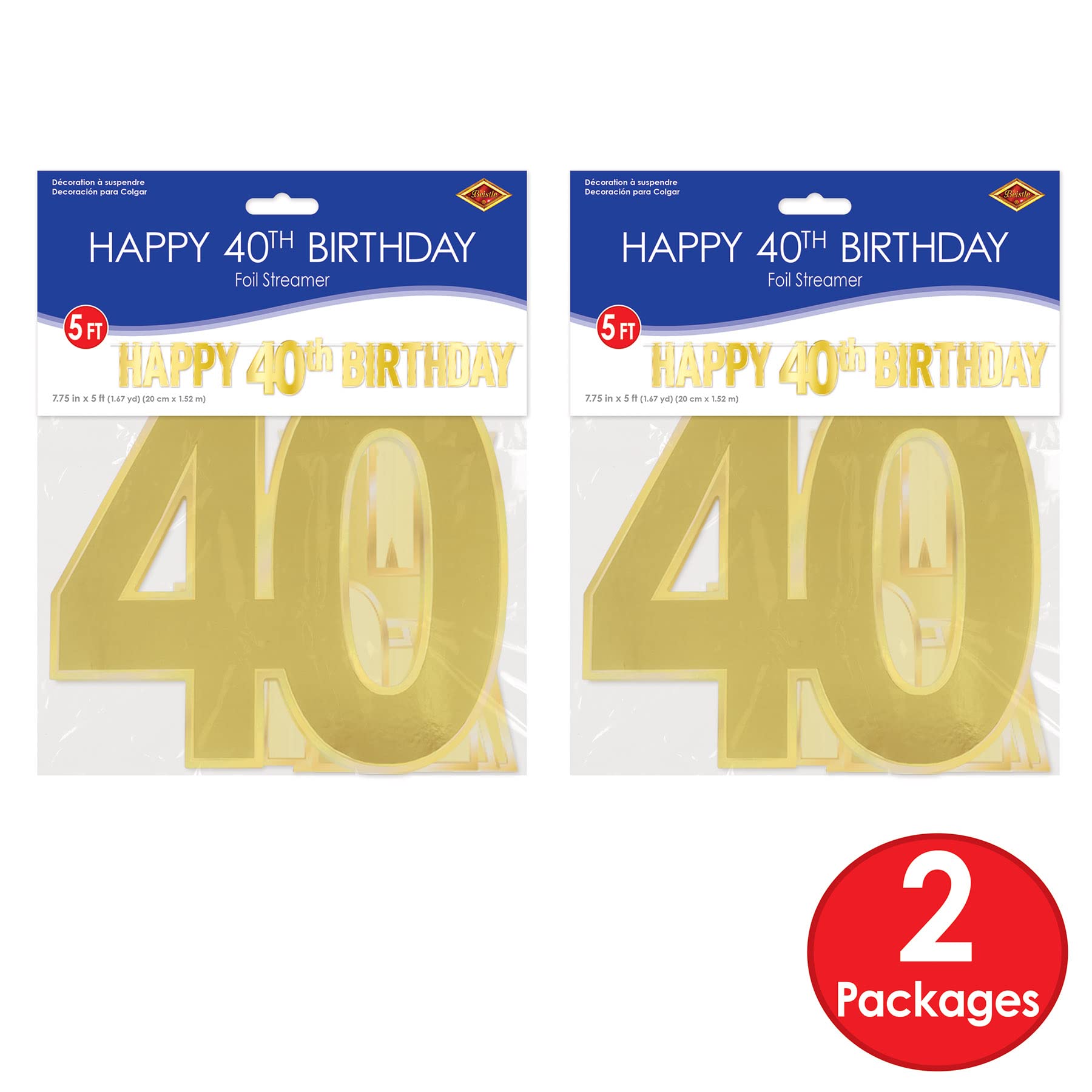 Beistle 53942-40 2-teiliges Folien-Kartonpapier Happy 40th Birthday Partybanner zum Aufhängen, Papier, gold