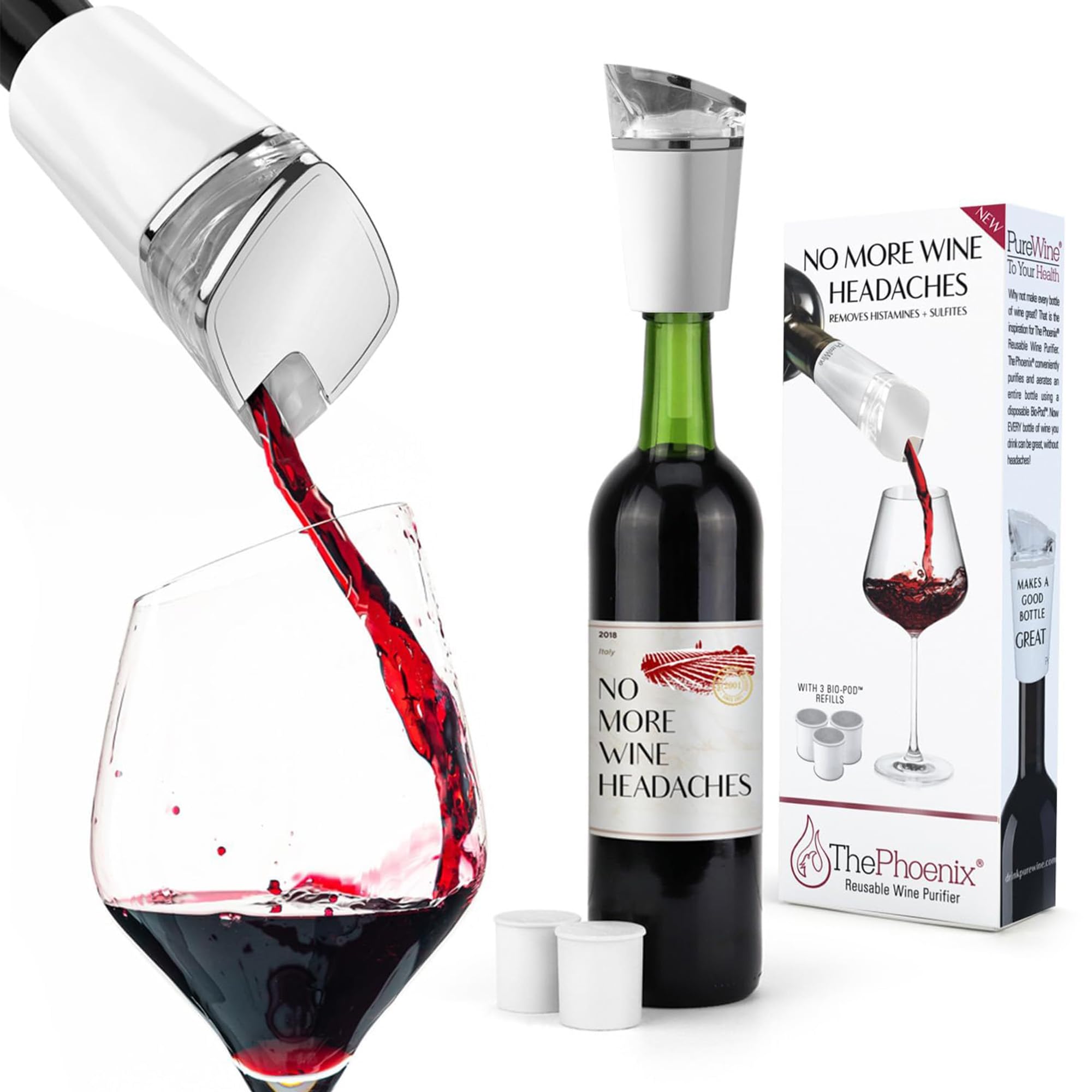 PureWine Phoenix Wine Purifier Removes Histamines & Sulfites, Reusable Wine Filter Aerates & Restores Taste to Relieve Allergies - Starter Kit