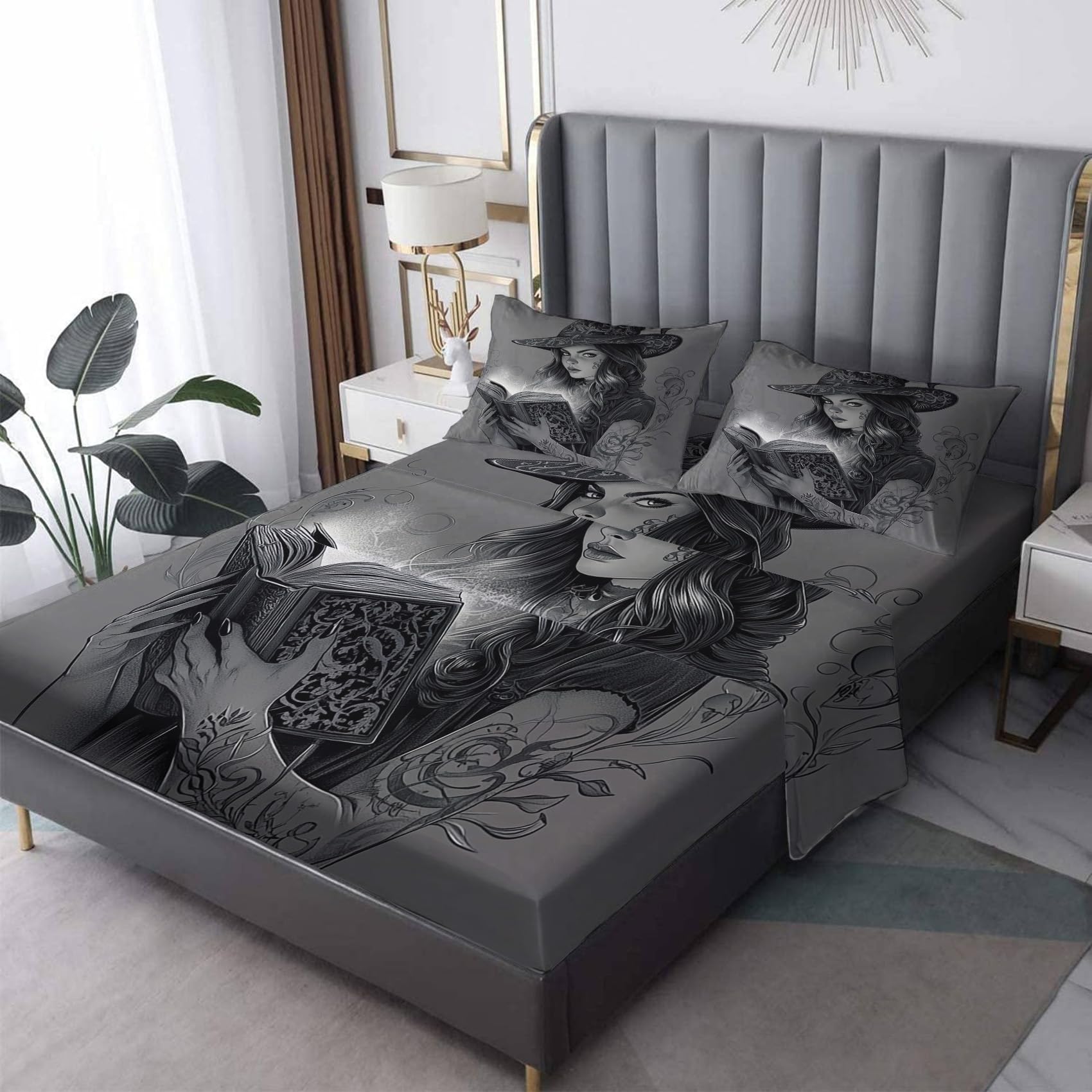 Witch Book Sheets Full Size Bed Set, Fantasy Magic Tattoo Girl Printed Design Sheet Set 4 Piece with 16 Inch Deep Pocket, Witch Book Bedroom Decor,