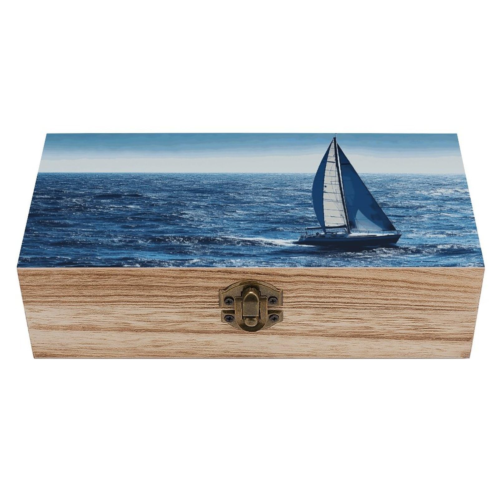 Oudrspo Blue Sea Sailboat Wooden Keepsake Box Decorative Memory Storage Box with Hinged Lid Small Jewelry Keepsake Boxes for Storing Gift Pictures Letters Time Capsule