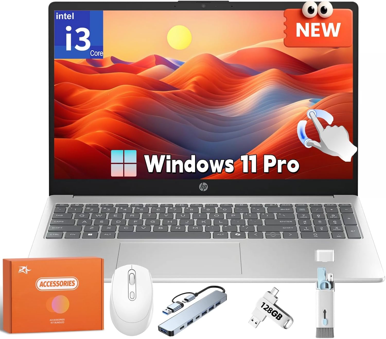 HP Touchscreen Laptop, Intel i3-1315U (Up to 4.5GHz), 32 GB RAM, 1 TB SSD, 15.6" 250 nits Anti-Glare Display, Intel UHD Graphics, Long Battery Life, Windows 11 Pro, Copilot-AI Chat w/Accessories