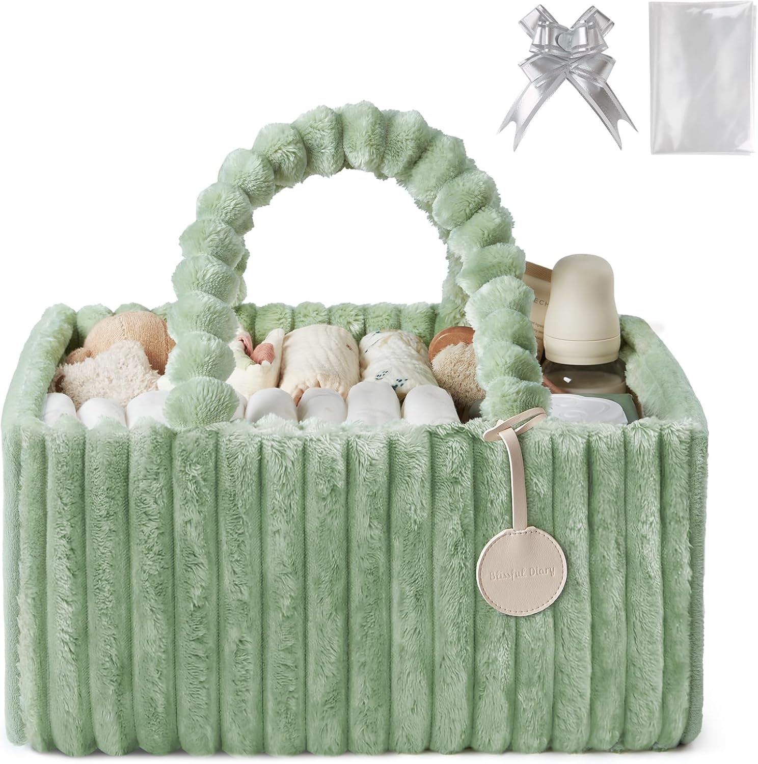 Blissful Diary Flannel Diaper Caddy Organizer, included Gift Packaging, Cozy Nursery Storage Basket, Gift for Baby Shower, Newborn Essentials, Sage Green