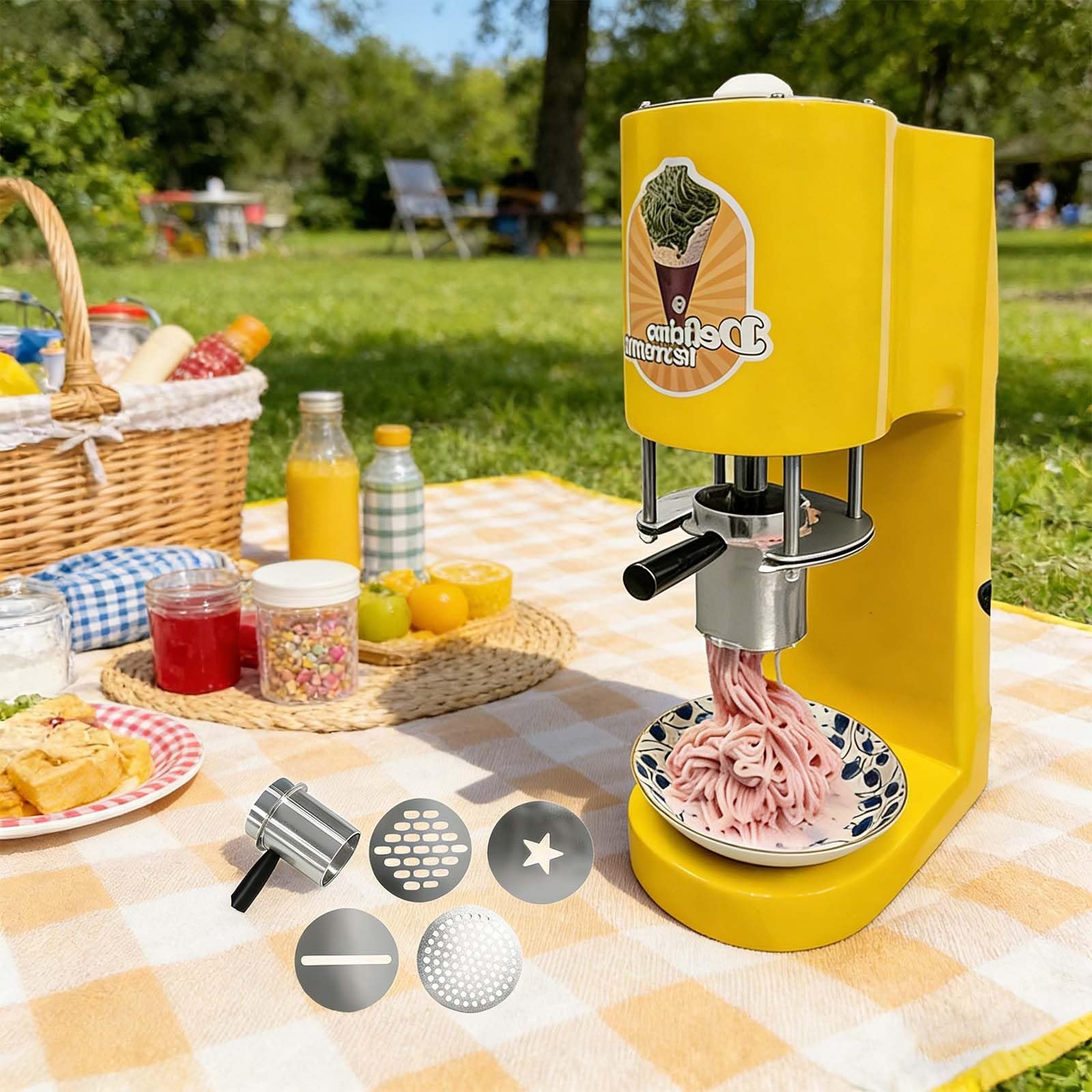 Extrusora Profesional De Fideos De Helado De 80 W, Máquina Para Gelato Tipo Espagueti Con 4 Moldes, Rendimiento De 28-30 L/H, Arranque Con Un Solo Toque, Ideal Para Heladerías(Yellow)