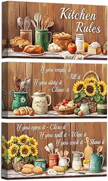 Visual Art Decor Kitchen Wall Art Sunflower Signs Farmhouse Kitchen Decor Picture Rustic Dining Room Decor Framed 6x12inchx3Pieces Brown
