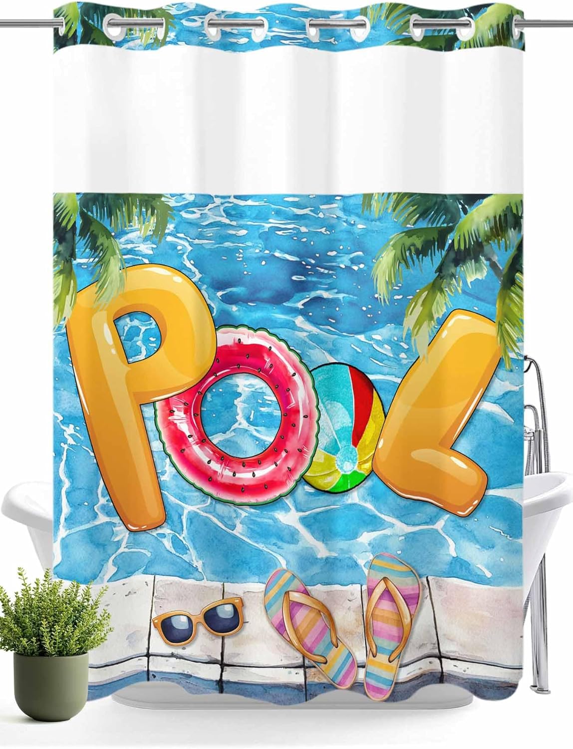 No Hooks Shower Curtain and Snap-in Liner Sets 48"x72",Summer Vacation Swimming Pool Waterproof Fabric Bath Curtain Double Layers Shower Curtains for Bathroom Hotel,Sunglasses Slippers Palm Tree