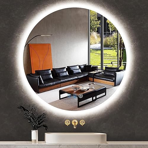 THEKLA Espejo de tocador redondo LED para baño, con memoria inteligente retroiluminada, 3 colores, regulable, antivaho de 20 pulgadas, sin marco,