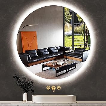 THEKLA Bathroom LED Round Vanity Mirror with Backlit Smart Memory 3 Color Dimmable AntiFog 20 inch Frameless Backlit Circle Round Lighted Mirror for Bathroom Makeup Wall Mount LED Circle Mirror
