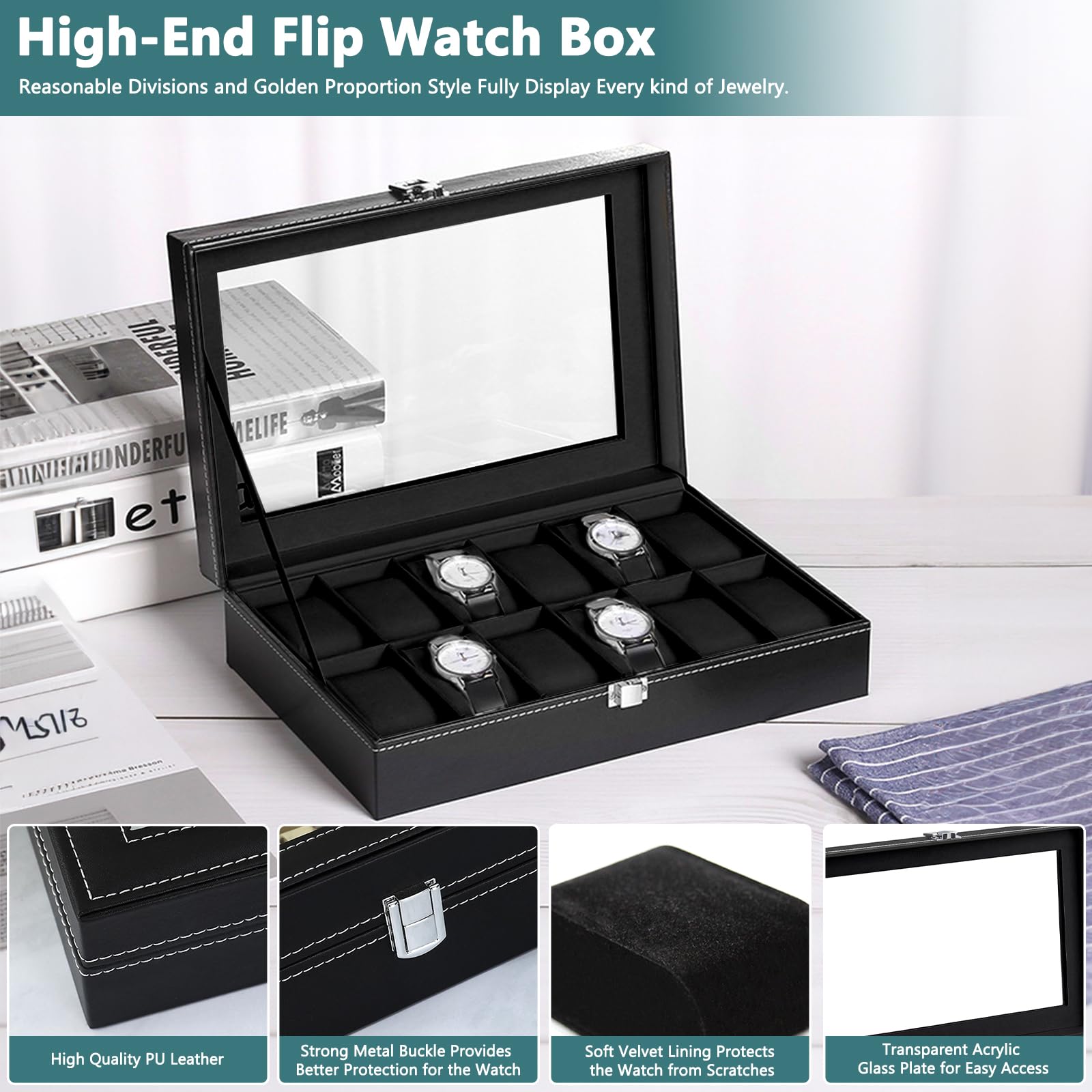 Estuche Relojes 12 Compartimentos Organizador Piel Sintética Almohadilla Extraíble Negro