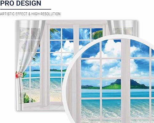 Miniatura 2 de Allenjoy Fondo de ventana de playa de verano de 8 x 6 pies, telón de fondo hawaiano tropical para fotografía, isla del océano, hojas de palma, Luau,