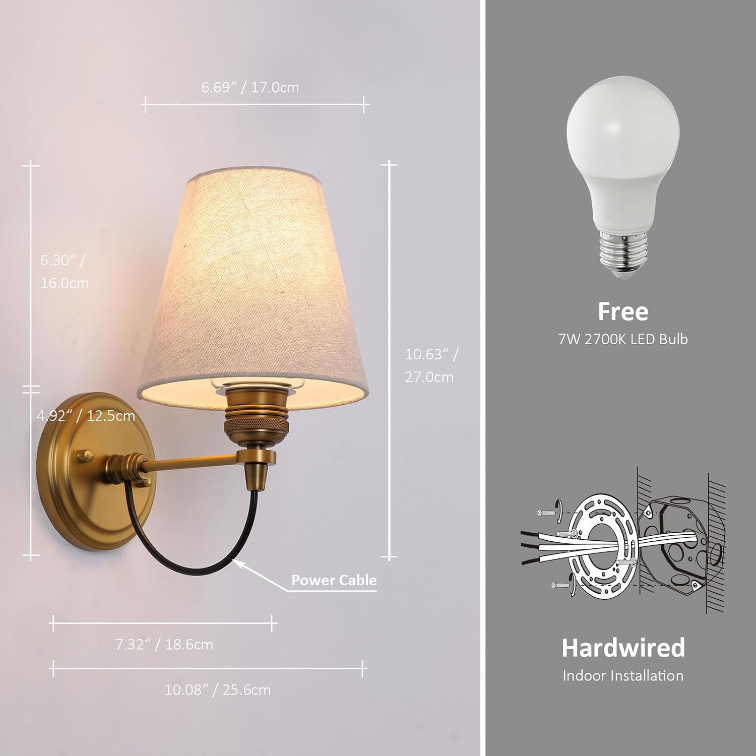Brass Wall Sconces Hardwired 1-Light, Classic Retro Linen Shade Boho Wall Lamps for Bedroom, Lights for Room Decor, Stairwell, Fireplace, Vanity, Bathroom, Kitchen, Included Bulb (Antique)