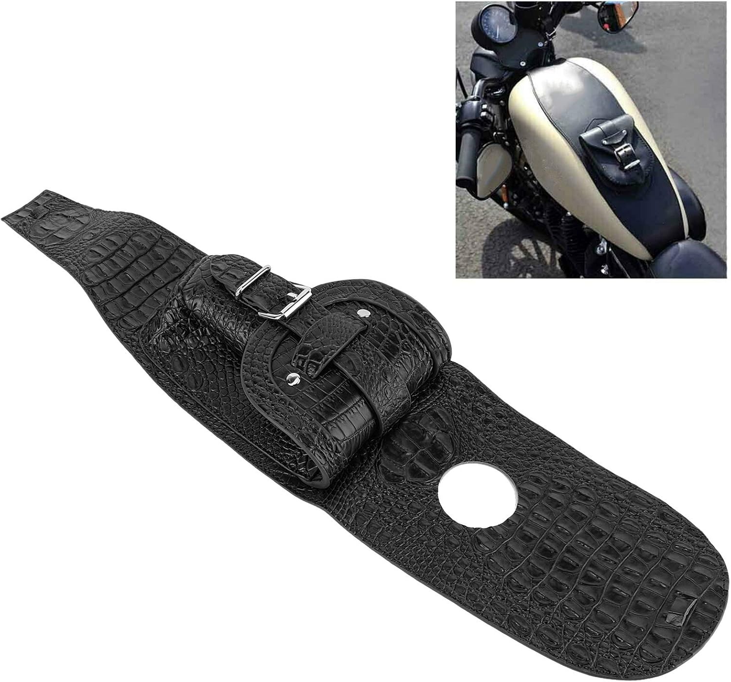PU Leather Motorcycle Tank Bag, Gas Fuel Tank Cover for Motorcycles (Black Crocodile)