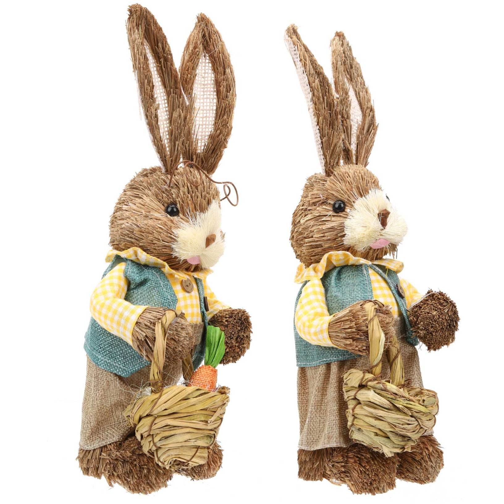 Lot de 2 figurines de lapin en paille tissées à la main pour décoration de Pâques, décoration de fête de jardin, décoration de fête et