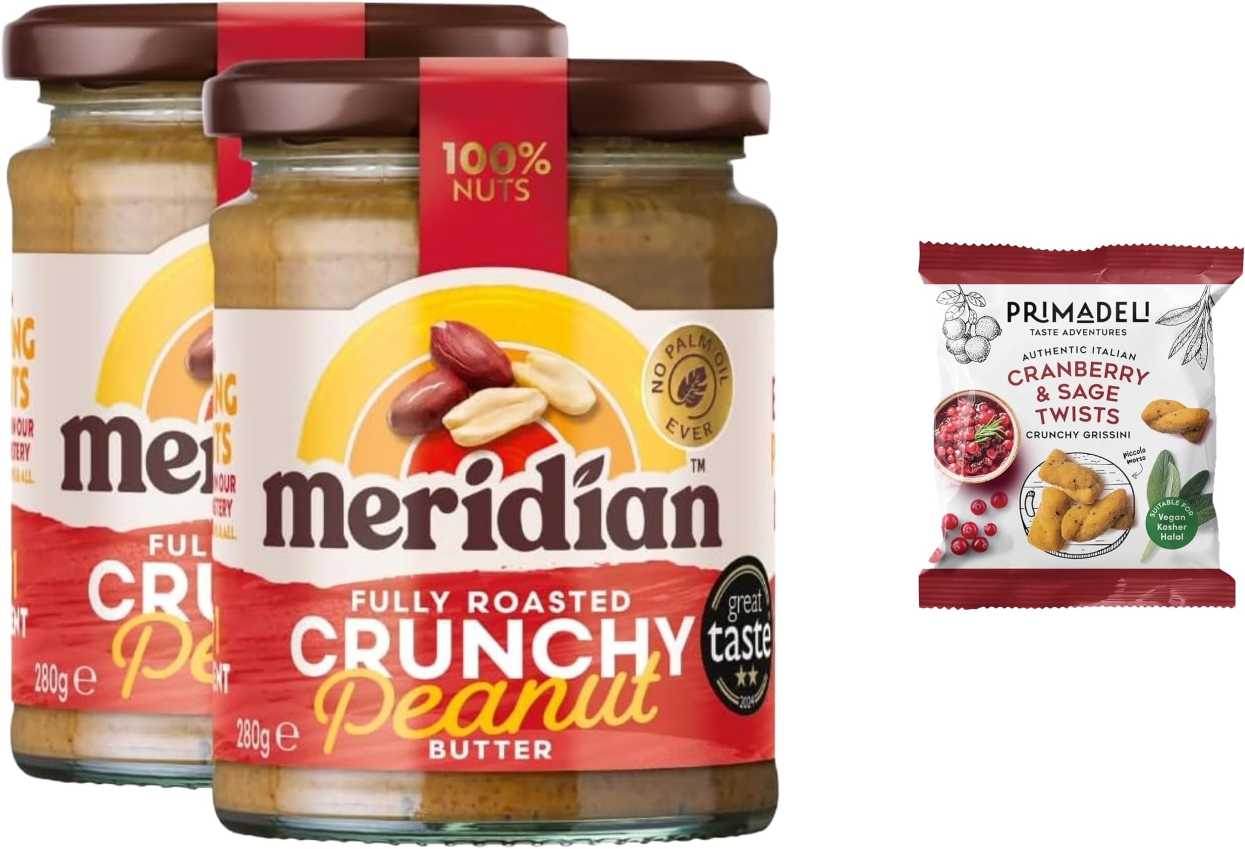 Meridian Crunchy Peanut Butter 280g (Pack of 2) + Primadeli Snack - No Palm Oil, No Added Sugar & Salt - Vegan, Gluten & Dairy Free, from SuperfoodUK
