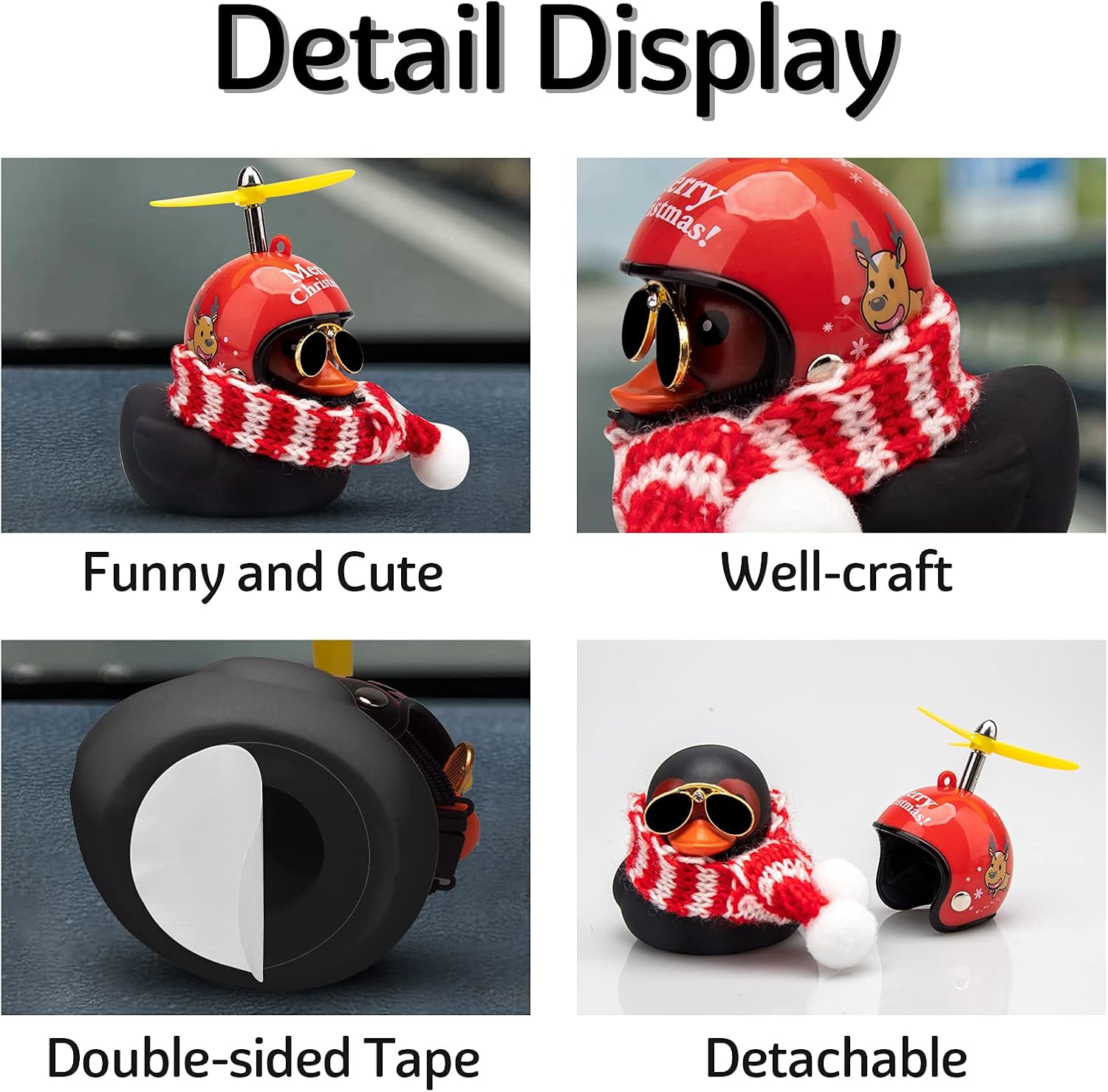 wonuu Rubber Duck Car Decorations Black Duck Car Dashboard Ornaments with Propeller Helmet (T-Black-Merry Christmas)